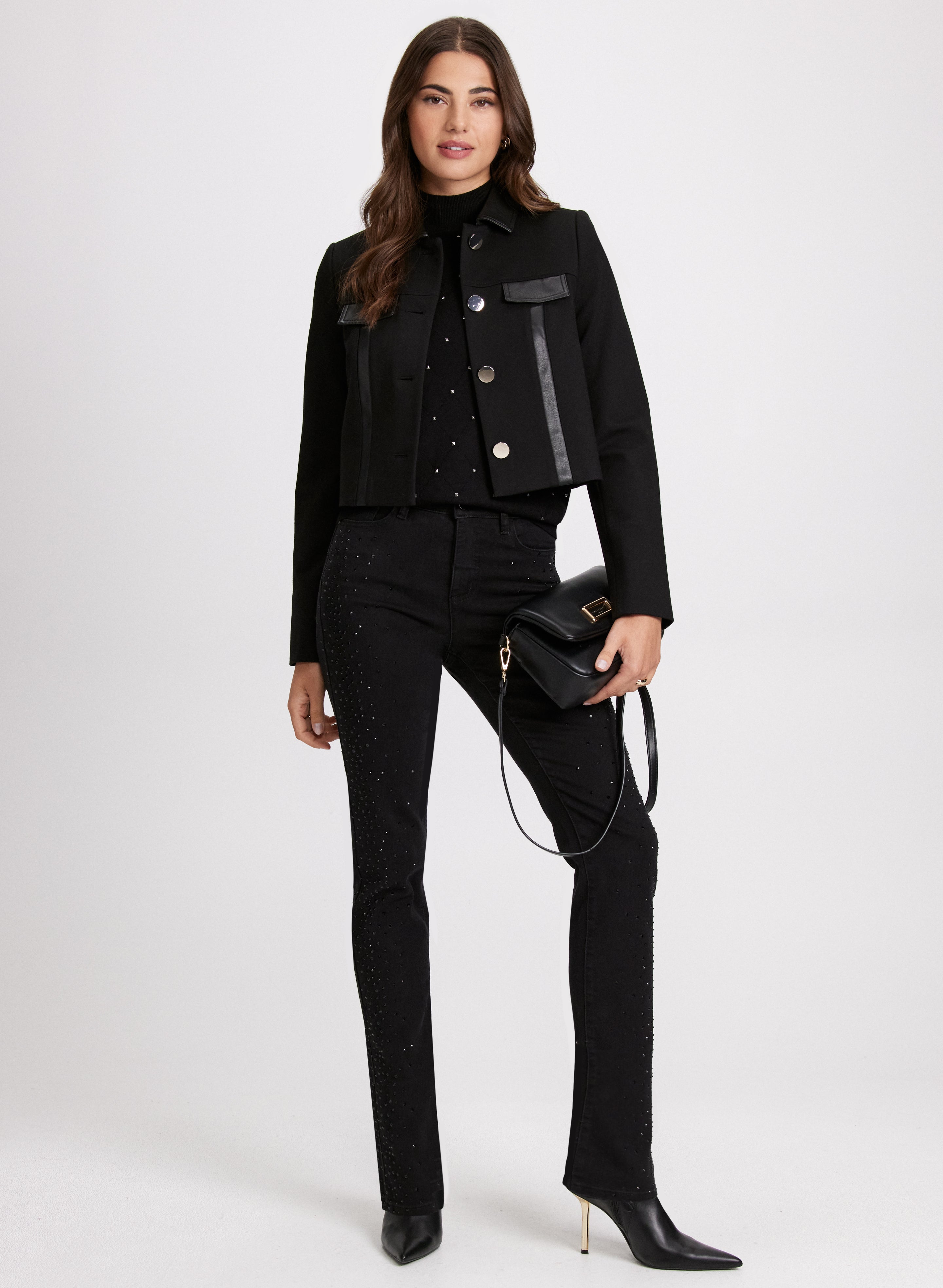 Stylish Cropped Denim Jacket & Rhinestone Embellished Jeans Set for Women | Trendy Outfit for Parties, Dates & Night Out