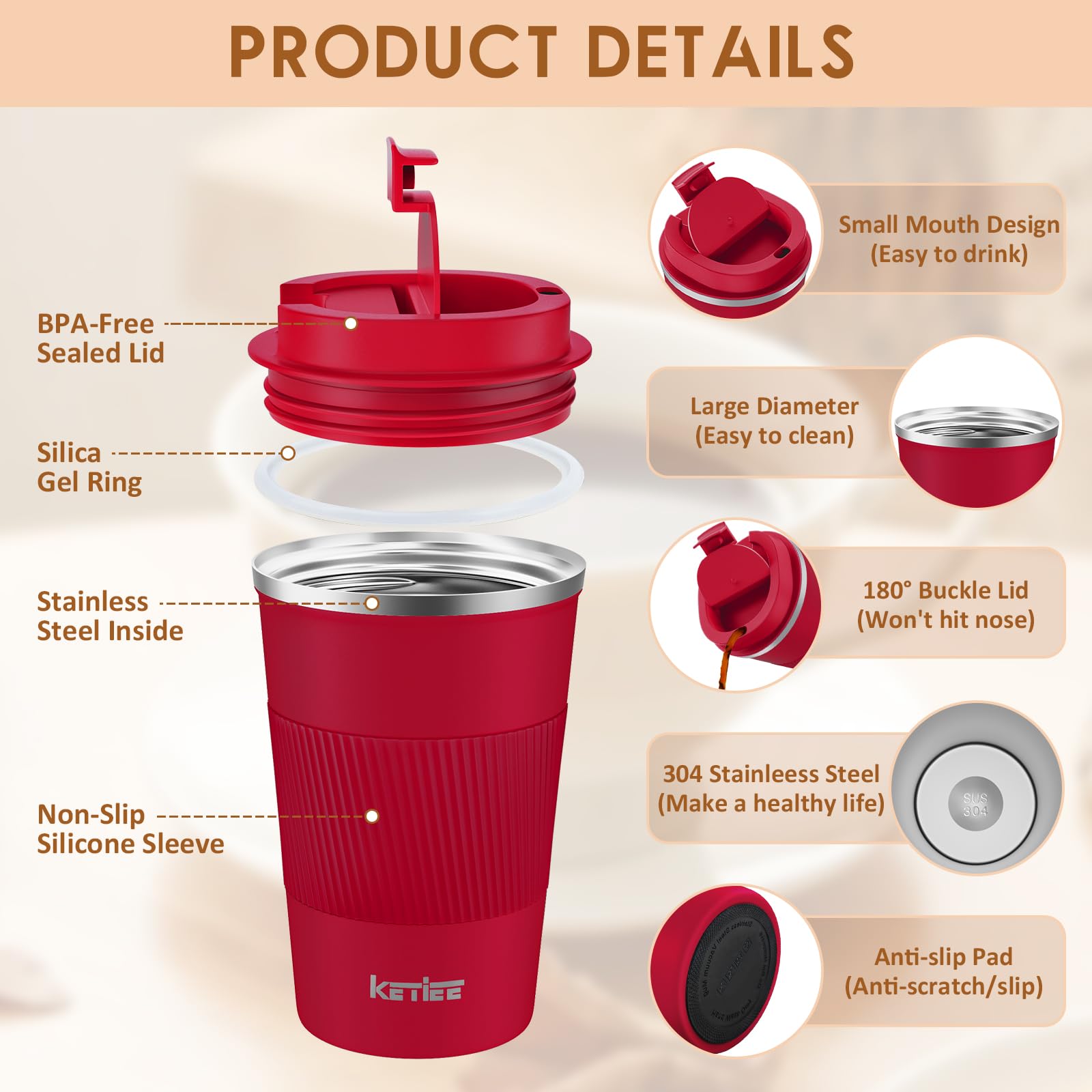 **KETIEE 12oz Vacuum Insulated Stainless Steel Travel Coffee Mug - Leakproof Lid, Double Wall Insulation for Hot & Cold Drinks, Reusable Tumbler for Coffee, Tea, or Smoothies - Perfect for Commuting, Office, or Outdoor Adventures (Red)**