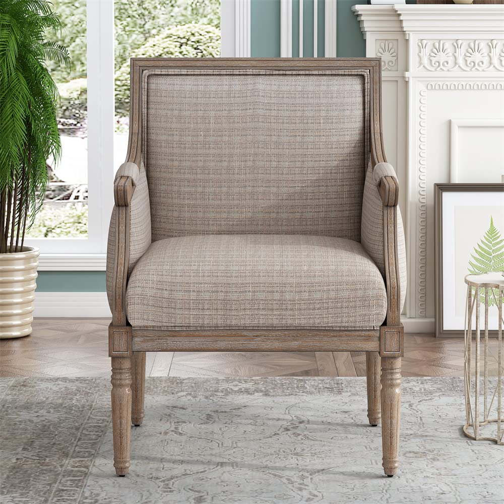 Modern Linen Fabric Tufted Accent Chair with Carved Wood Legs - Elegant Upholstered Armchair for Living Room, Office & Lounge - Grey Striped Comfortable Club Chair for Reading, Relaxing & Home Decor