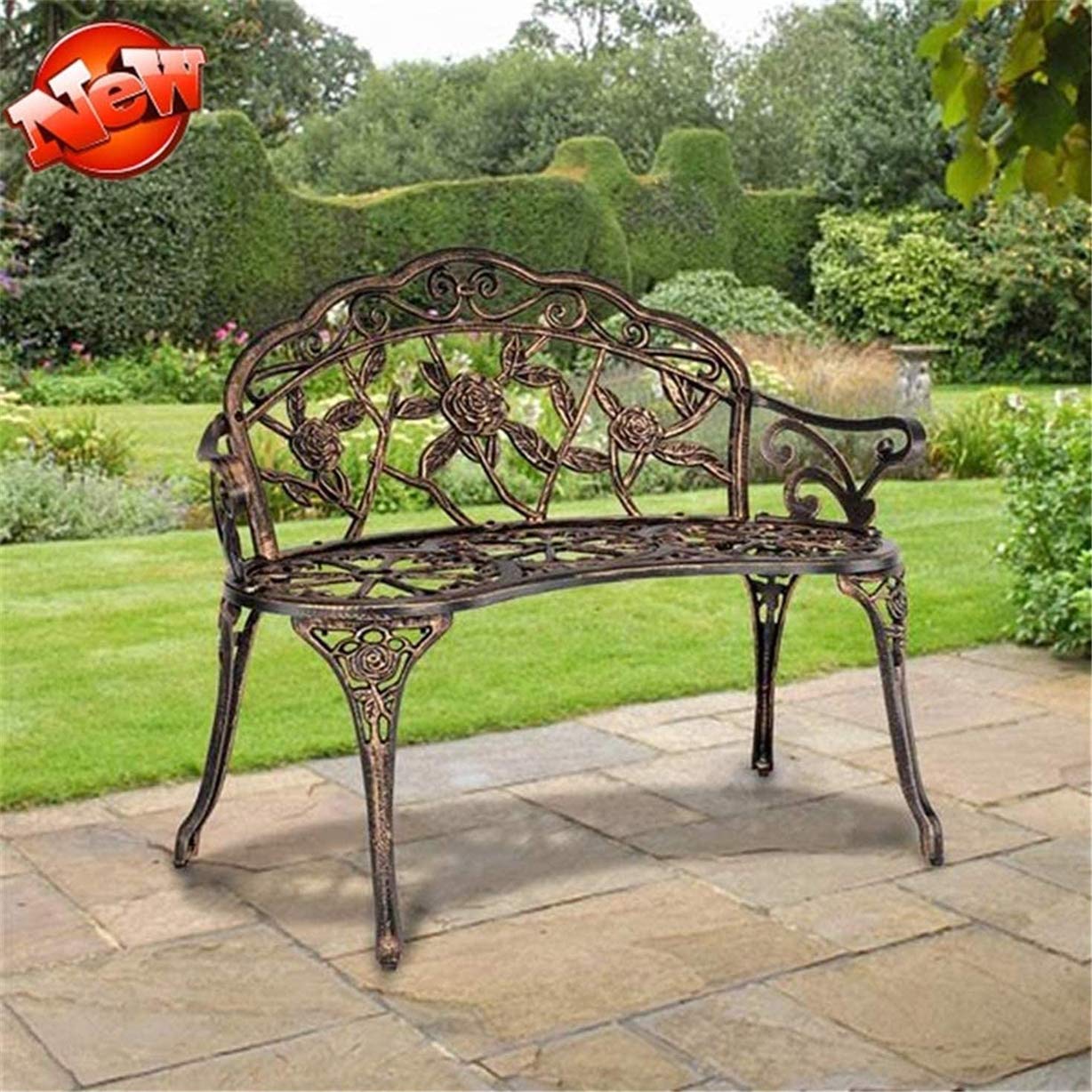 KOOPEEA Heavy Duty Rust-Resistant Metal Park Bench - Outdoor Garden Bench for Patio, Yard, and Public Spaces - Floral Rose Accented Bronze Finish - Perfect for Parks, Gardens, and Outdoor Relaxation