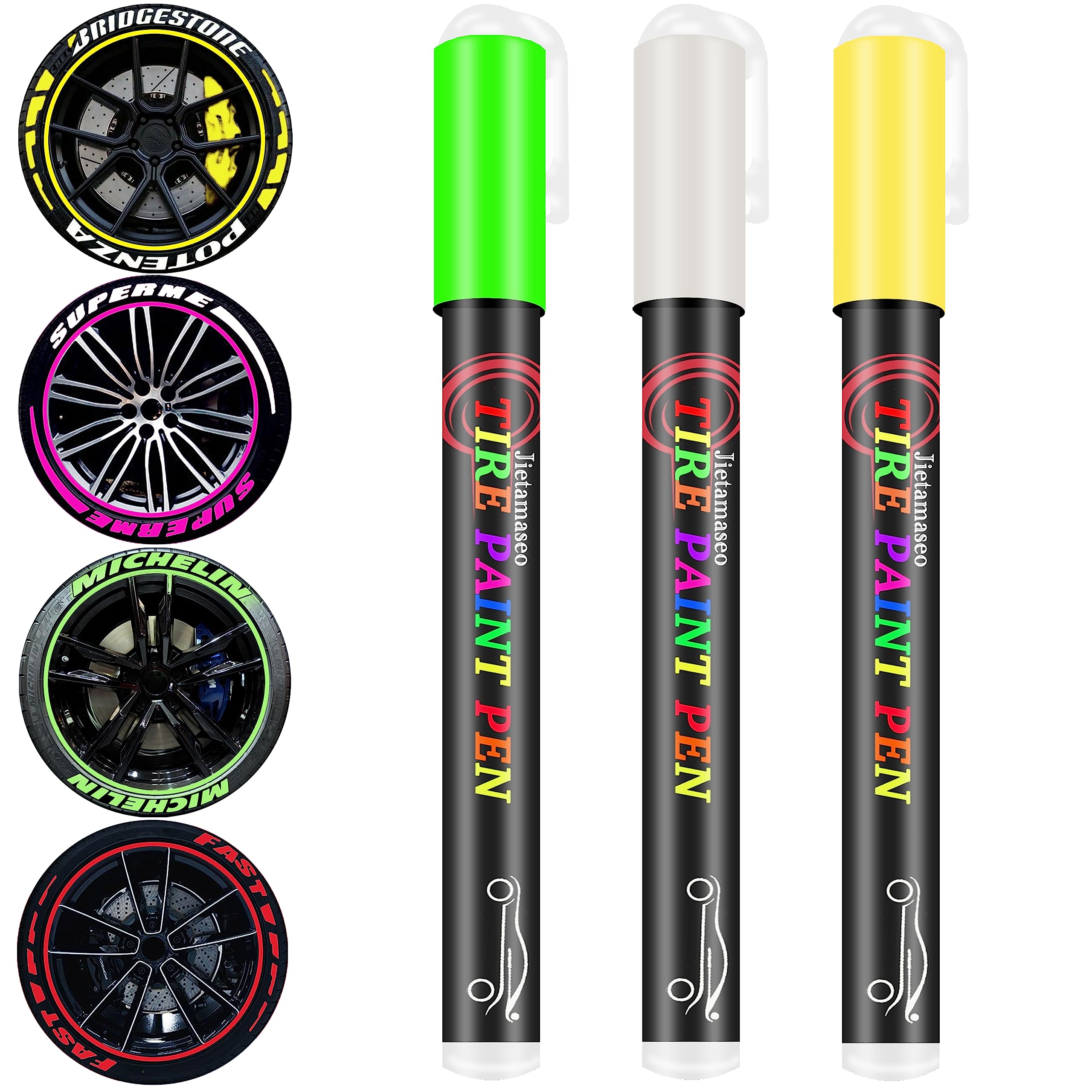 Jietamaseo White Tire Paint Pen for Cars - Waterproof Tire Marker Lettering Kit (3 Pack) | Professional Tire Design for Custom Wheels, Motorcycles & RVs | Perfect for Car Shows, DIY Projects & Vehicle Customization