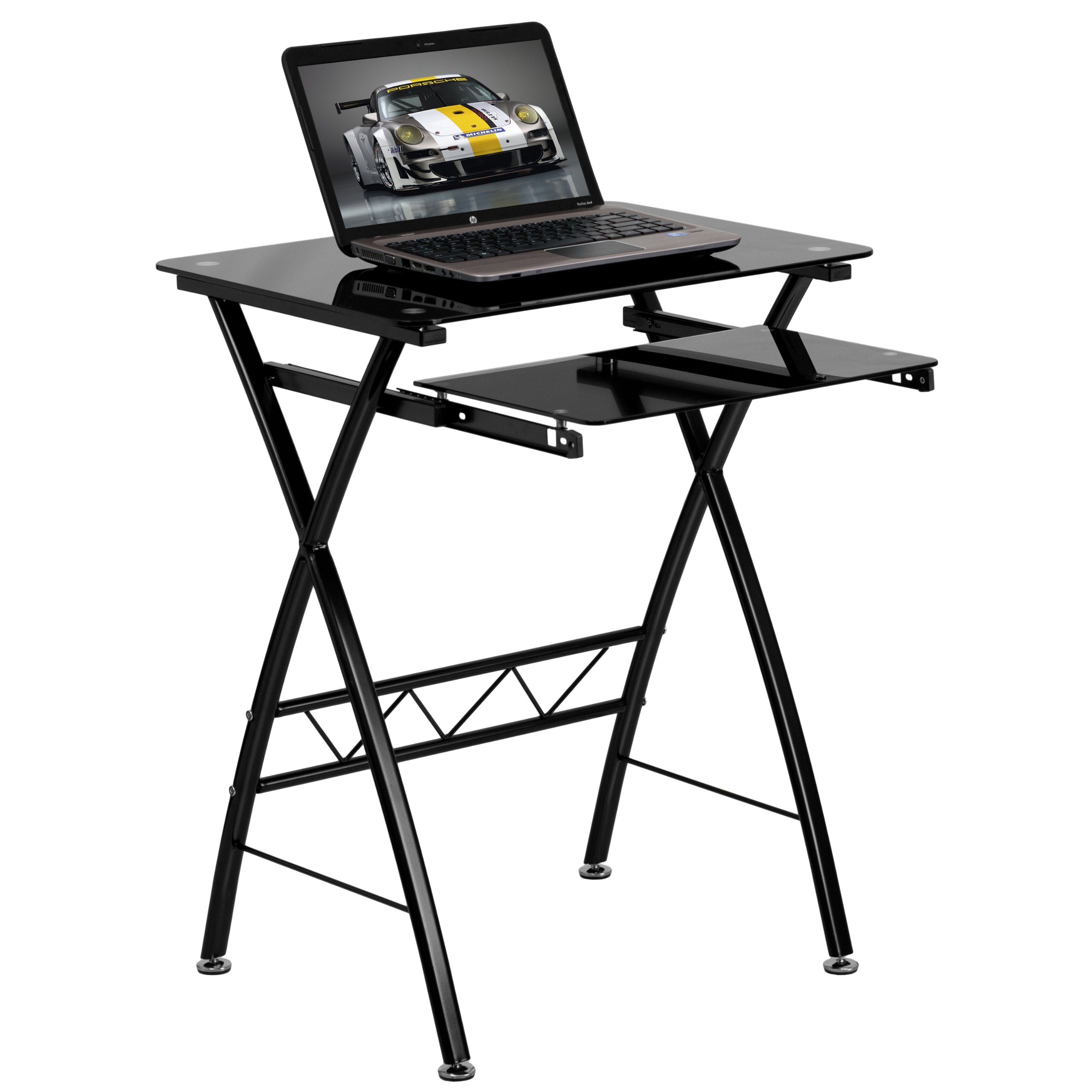 Flash Furniture Norris Black Tempered Glass Computer Desk with Pull-Out Keyboard Tray - Modern Home Office Desk for Work, Study & Gaming - Durable Glass Writing Table for Small Spaces & Apartments