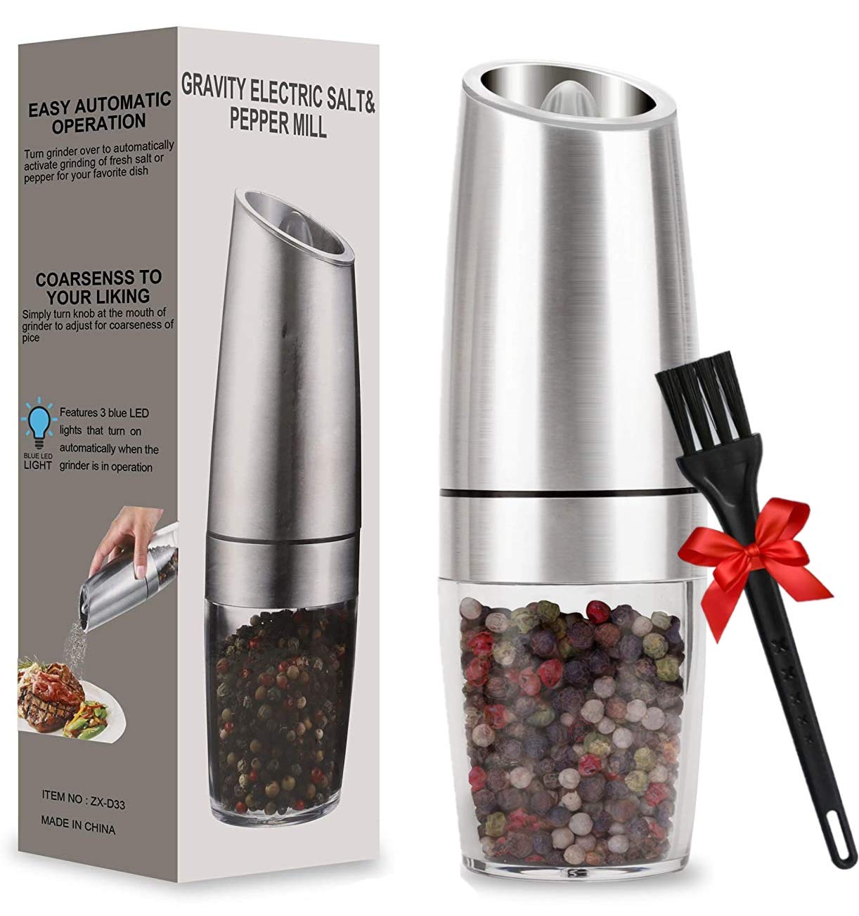 Premium Electric Gravity Salt and Pepper Grinder Set - Automatic Battery-Operated Mill with Adjustable Coarseness & LED Light - Stainless Steel One-Hand Operation (Silver) - Perfect for Kitchen, Dining Table, and Gourmet Cooking