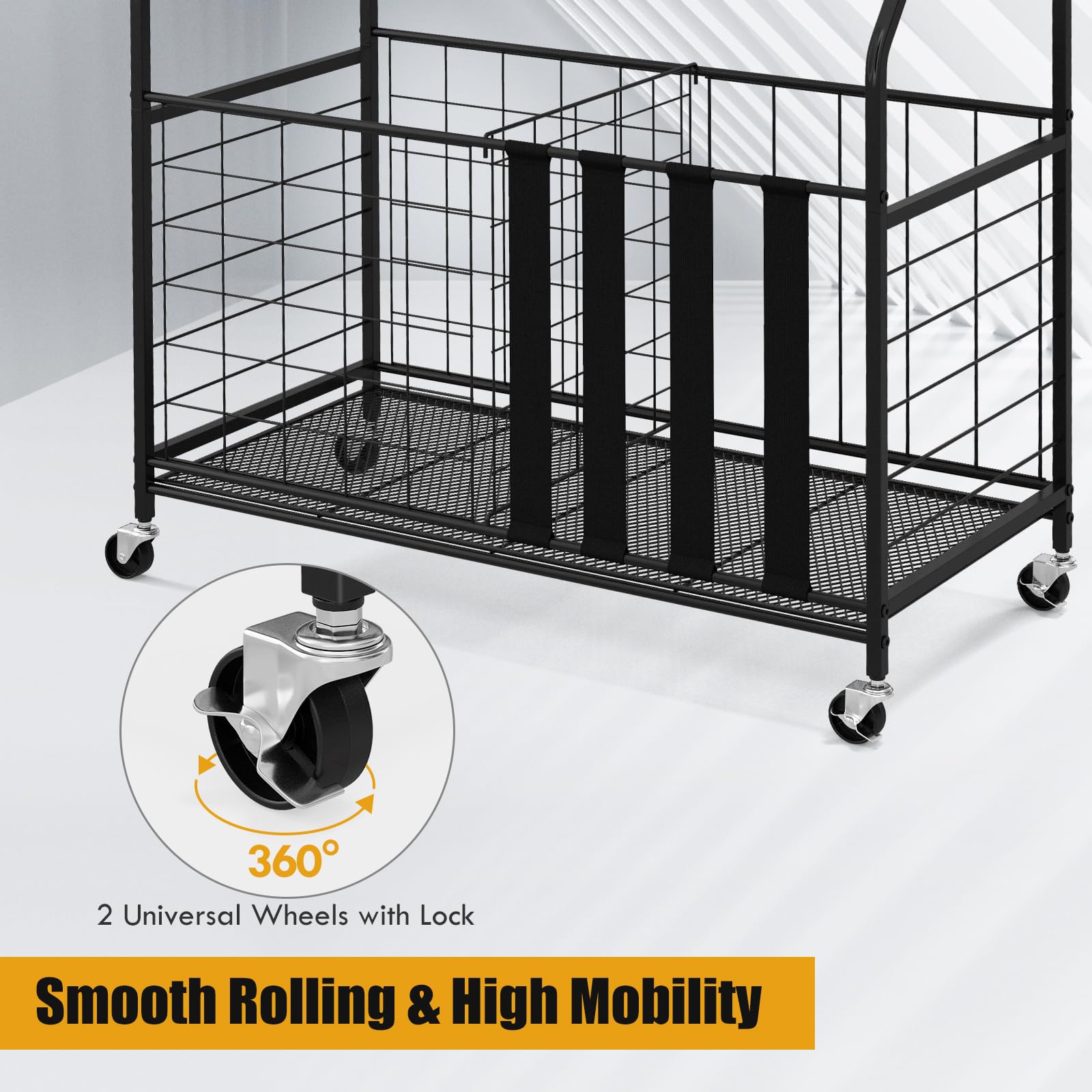 GYMAX Garage Sports Equipment Organizer - Rolling Toy Storage Cart with Lockable Wheels, Basket & Hooks for Golf Bags, Bats, Football Gear | Perfect for Garage, Basement & Playroom Organization