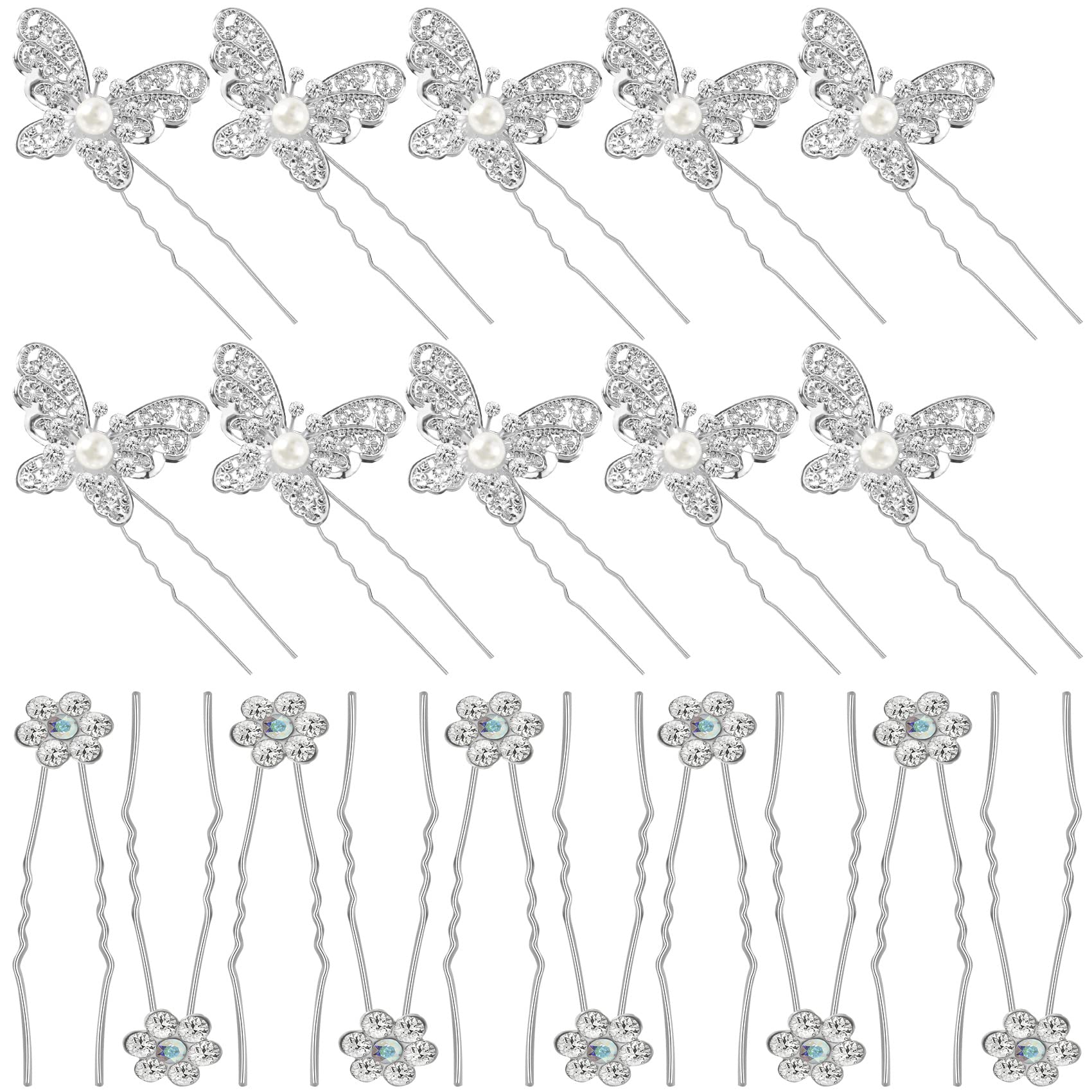 OIIKI 20 PCS Wedding Bridal Hair Pins - Pearl Butterfly U Shape Hair Clips with Rhinestones & Flowers - Elegant Hair Accessories for Women & Girls - Perfect for Weddings, Proms, Parties & Special Occasions