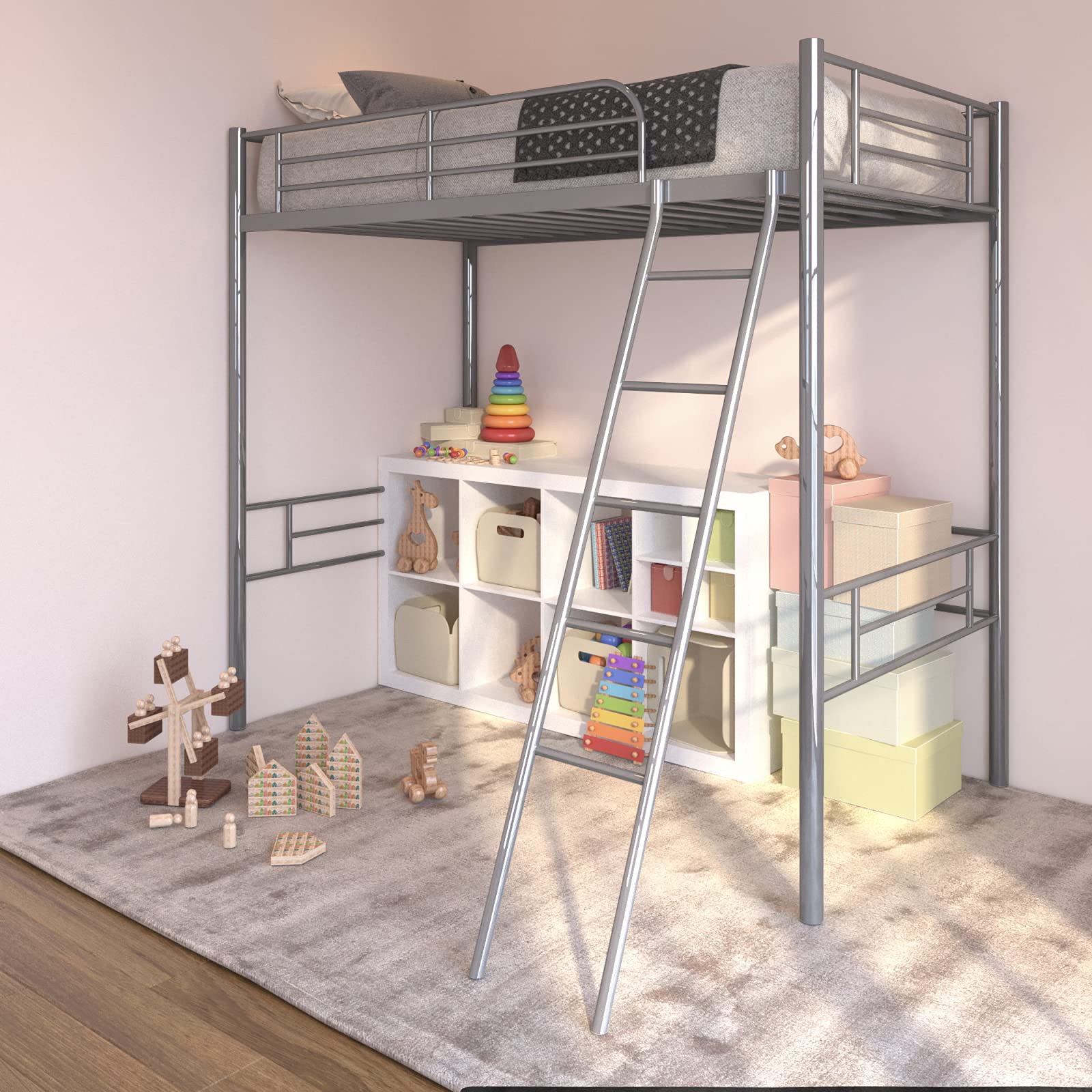 Twin Size Metal High Loft Bed Frame with Guardrail & Ladder - Sturdy Loft Bed for Kids, Teens & Adults in Silver | Perfect for Small Bedrooms, Dorms & Space-Saving Solutions