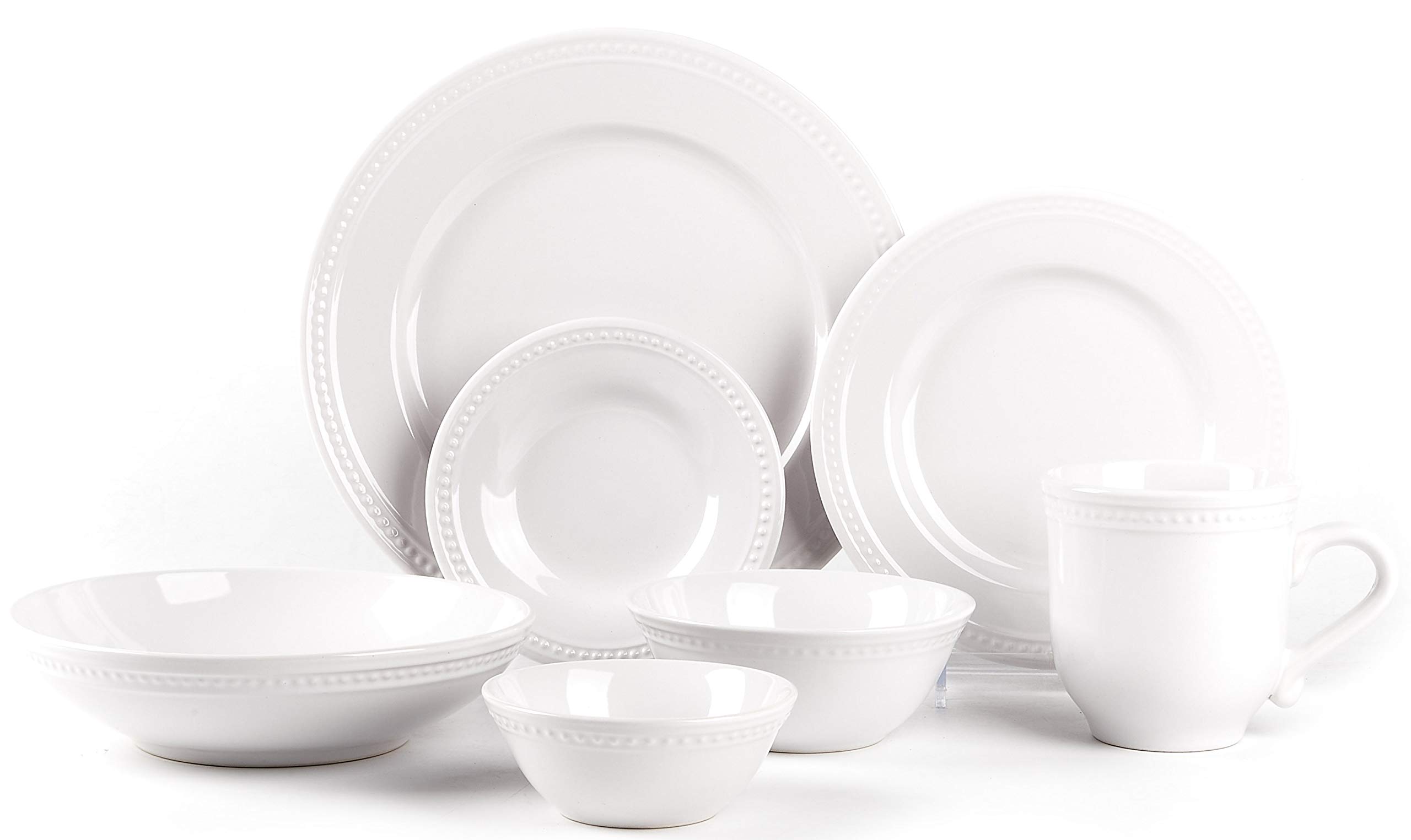 Pearl Dots Stoneware Dinnerware Set - 56 Piece White Porcelain Dinnerware Set for Family & Guests | Elegant Tableware for Everyday Use, Dinner Parties & Special Occasions