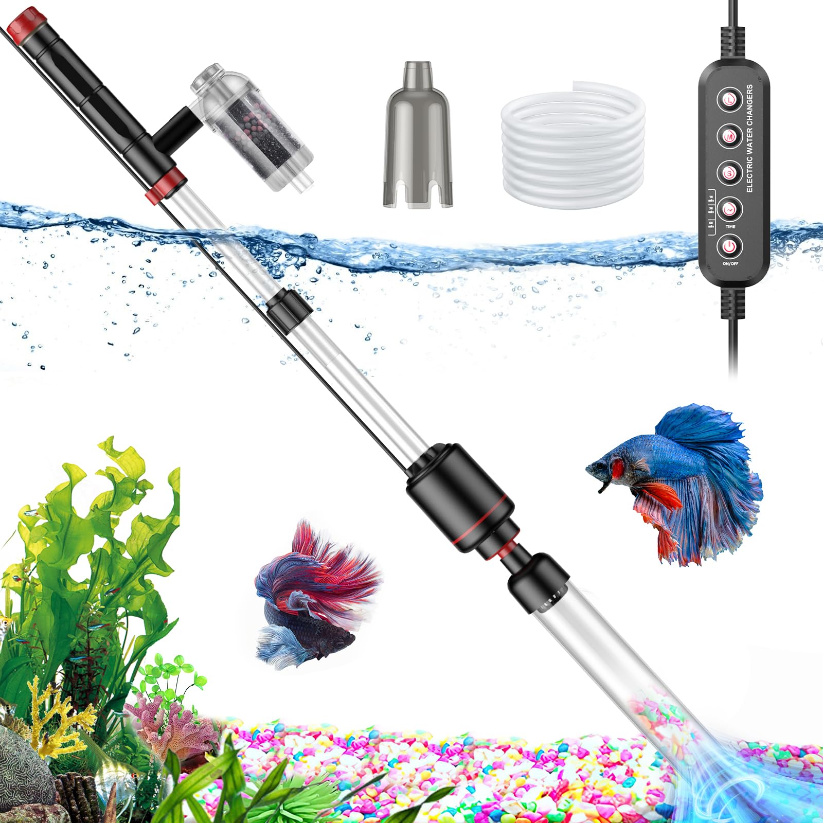 24W Electric Aquarium Gravel Cleaner - Powerful Suction Fish Tank Vacuum for Automatic Water Change, Dirt Removal & Water Circulation | Ideal for Freshwater & Saltwater Tanks, Timed Shut-Off Feature | Perfect for Home Aquariums, Fish Stores & Aquatic Maintenance