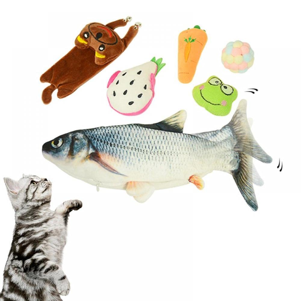 JEK Cat Toy 6 Piece Set - Realistic Moving Fish Flopping Interactive Wiggle Cat Kicker Toy with Plush - Fun Exercise Toys for Indoor Cats - Perfect for Playtime, Training & Stimulation