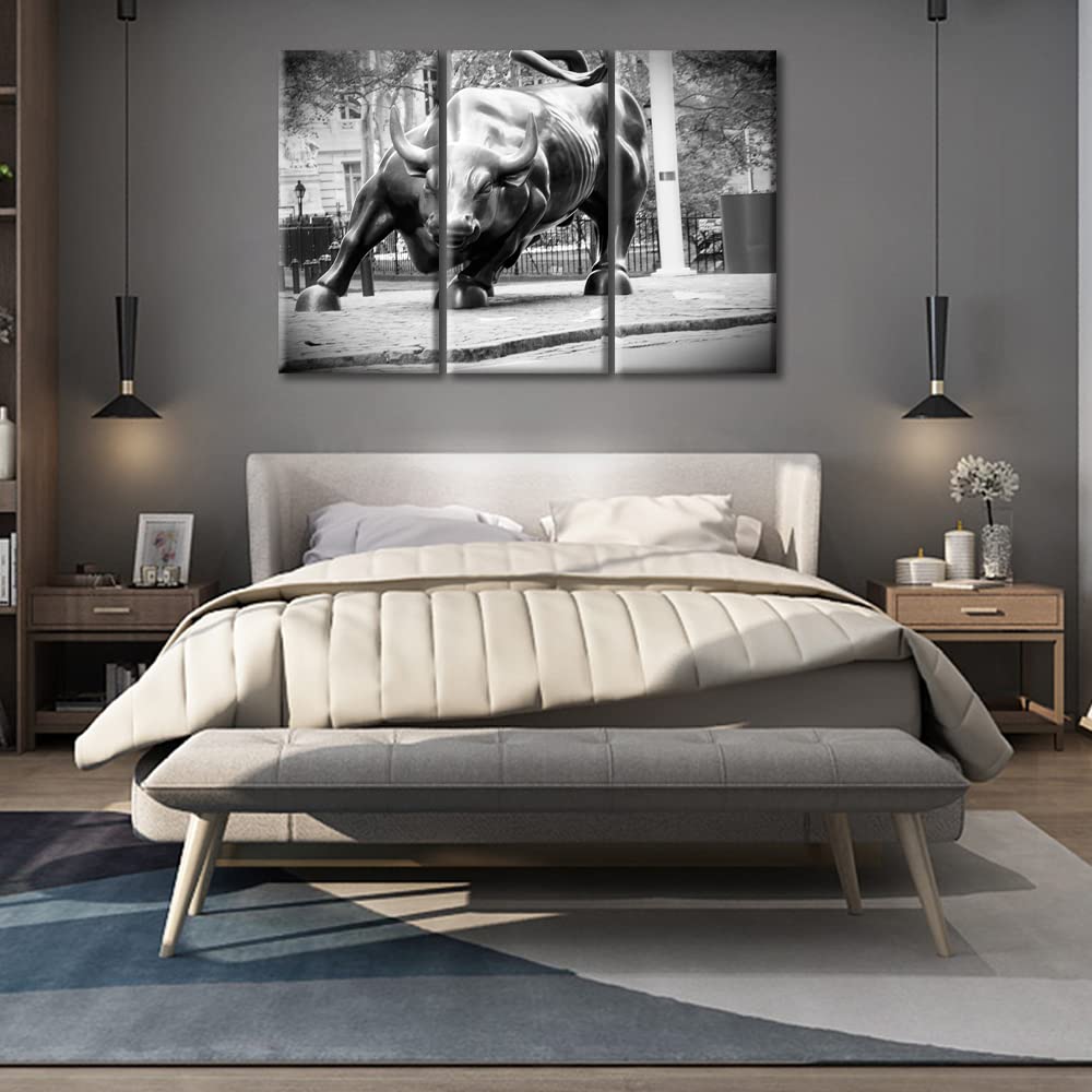 Black and White Bull Wall Art - 3 Panel Framed Canvas Prints for Living Room, Bedroom & Office Decor - 42