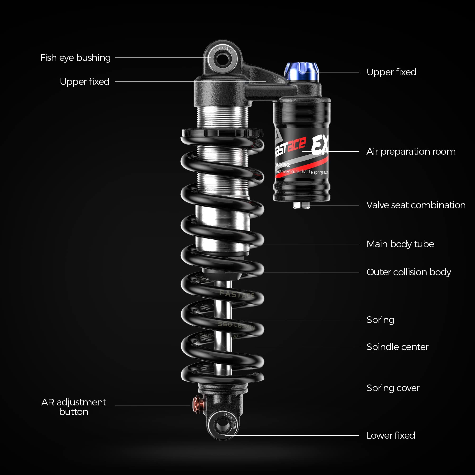 Premium MTB Rear Shock Suspension - 265mm Travel, 550lbs Coil Spring, Oil & Air Damping - Compatible with Mountain Bikes, Downhill Bikes & E-Bikes | Perfect for Trail Riding, Downhill Racing & Off-Road Adventures