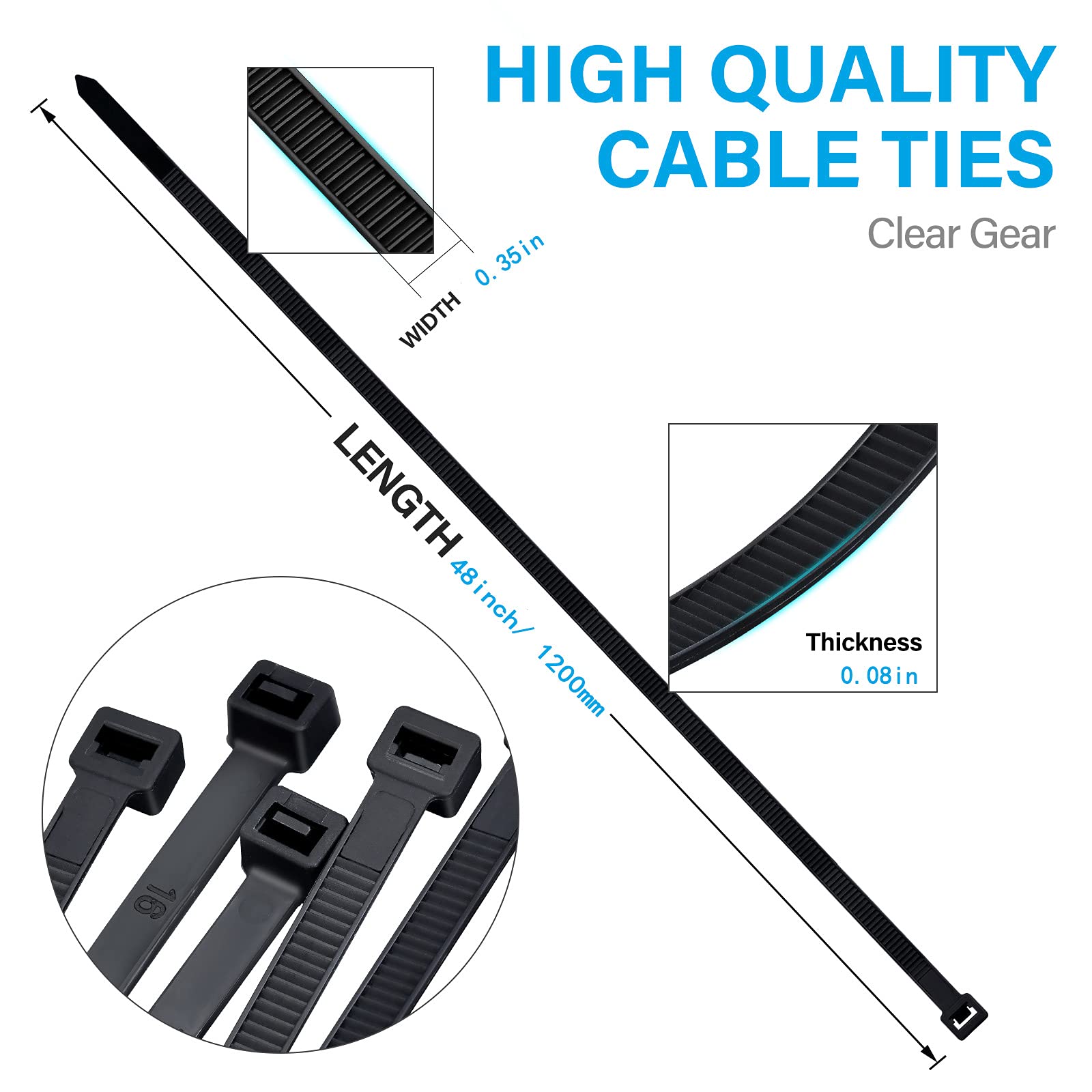 Extra Long Heavy Duty Outdoor Zip Ties 48 Inch - 12 Pack Black Large Cable Ties with 175 lbs Tensile Strength for Garden, Home, Industrial & Outdoor Use