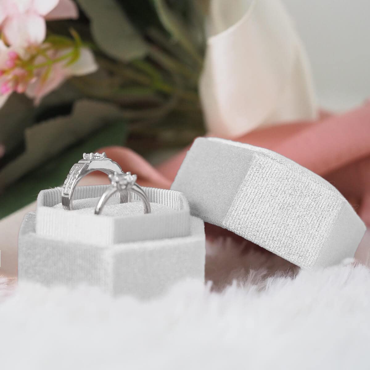 Luxury Velvet Hexagon Ring Box with Detachable Lid - Vintage Style Double Slot Jewelry Box for Engagement, Wedding & Proposal - Perfect for Ring Bearers, Bridal Showers & Anniversary Gifts (White)