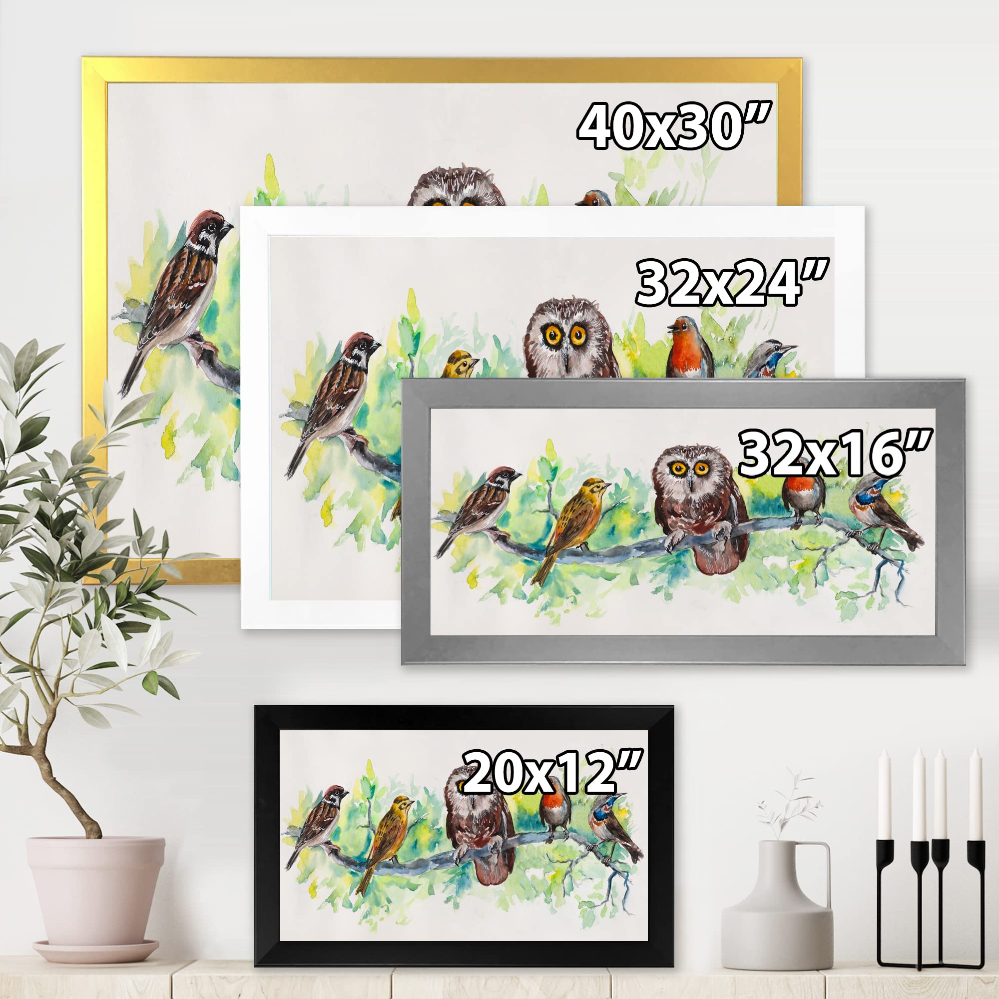 DesignQ Owl on a Branch with Bird Friends - Traditional Framed Wall Art Decor for Living Room, Bedroom & Office - Nature Inspired Home Decor