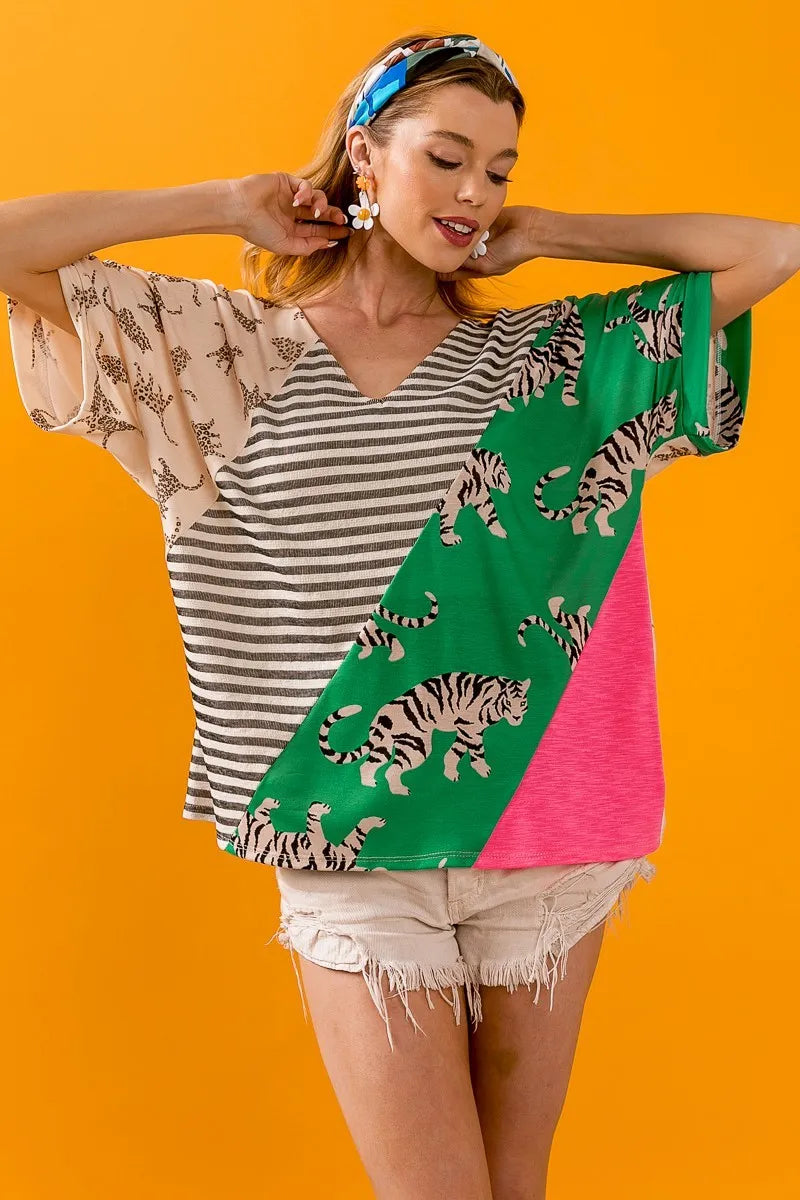 Bibi Tiger Women's Striped Contrast Color Block V-Neck T-Shirt - Casual Wear for Everyday Outfits, Work & Date Nights