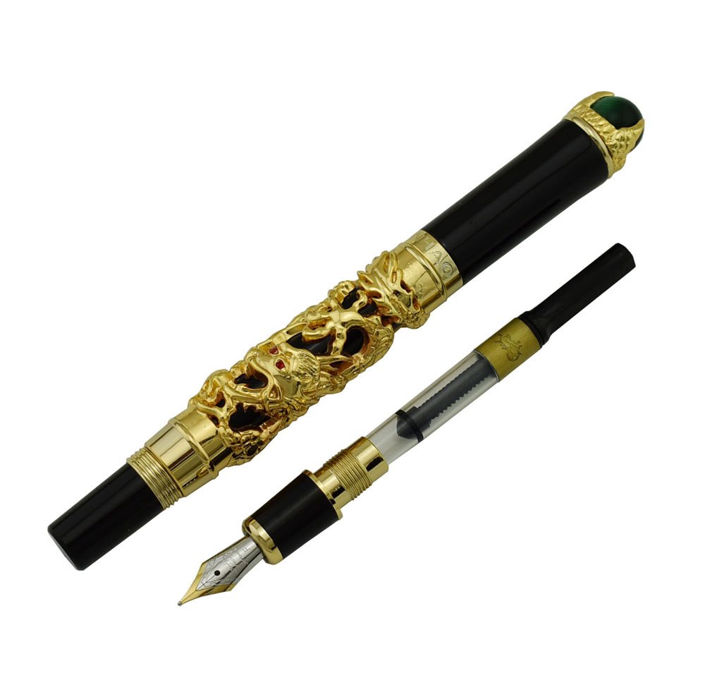 Jinhao Ancient Golden Dragon Fountain Pen - Extra Fine Nib, Pearl Green Jewelry Design with Free Pen Pouch - Premium Writing Instrument for Calligraphy, Collectors & Gift Giving