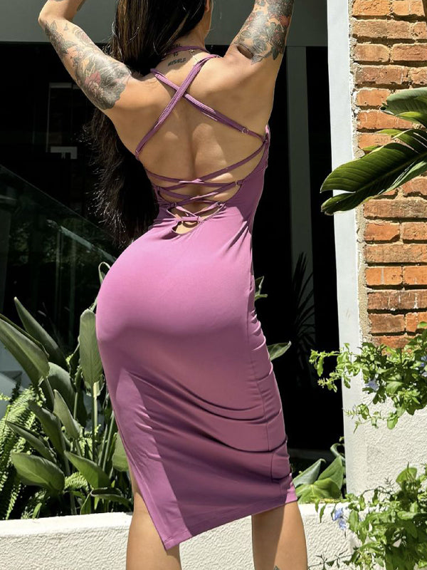 ZASUWA Women's Solid Color Cross Back Hollow Out Split Dress - Sexy Summer Party & Beach Wear for Women