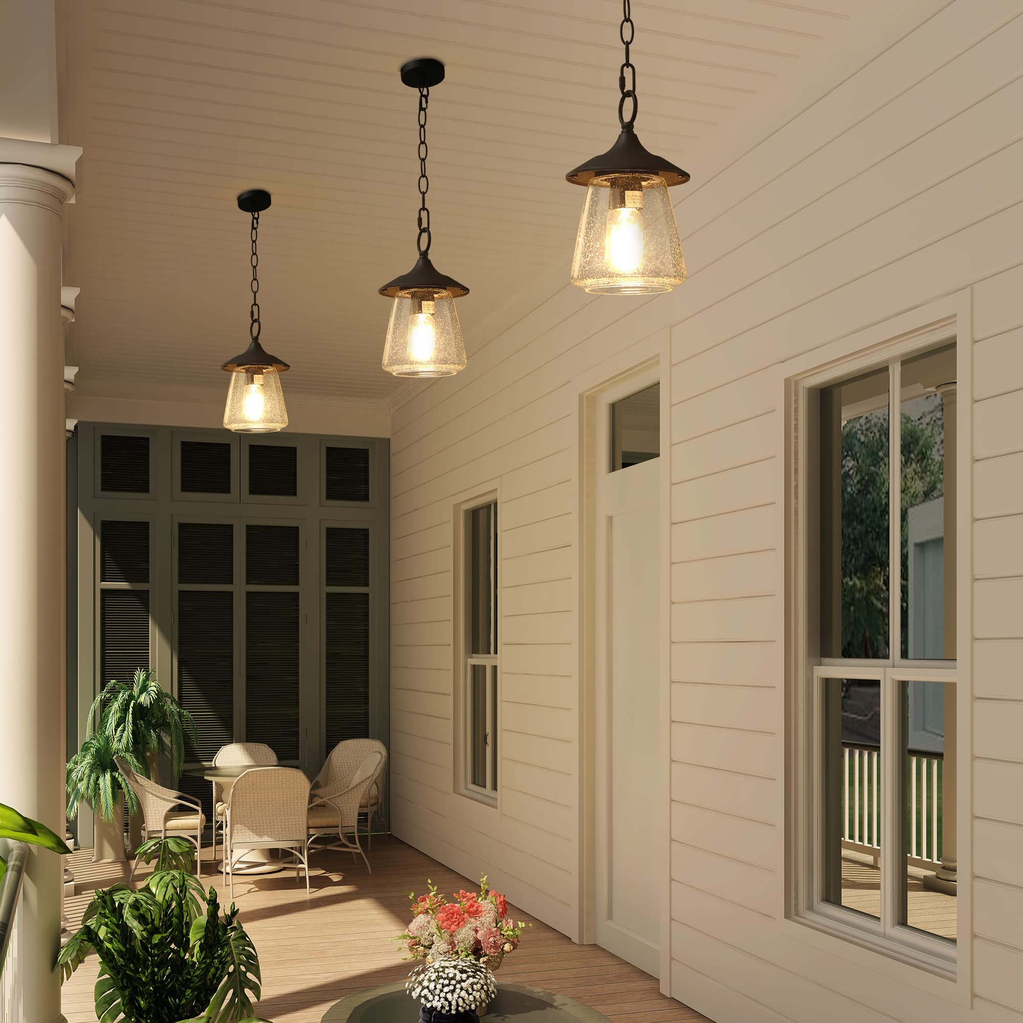 LOG BARN Outdoor Pendant Lights - Black Metal Hanging Lantern with Clear Bubbled Glass Globe for Porch, Gazebo, Entryway & Yard | Weather-Resistant Exterior Lighting for Patio, Garden & Deck