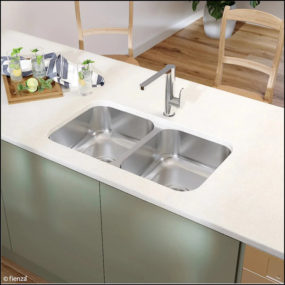 Fienza Tiva 68109 33-inch Stainless Steel Double Bowl Kitchen Sink with Drainboard - Heavy Duty 16 Gauge, Brushed Finish for Modern Homes - Perfect for Meal Prep, Washing Dishes & Entertaining