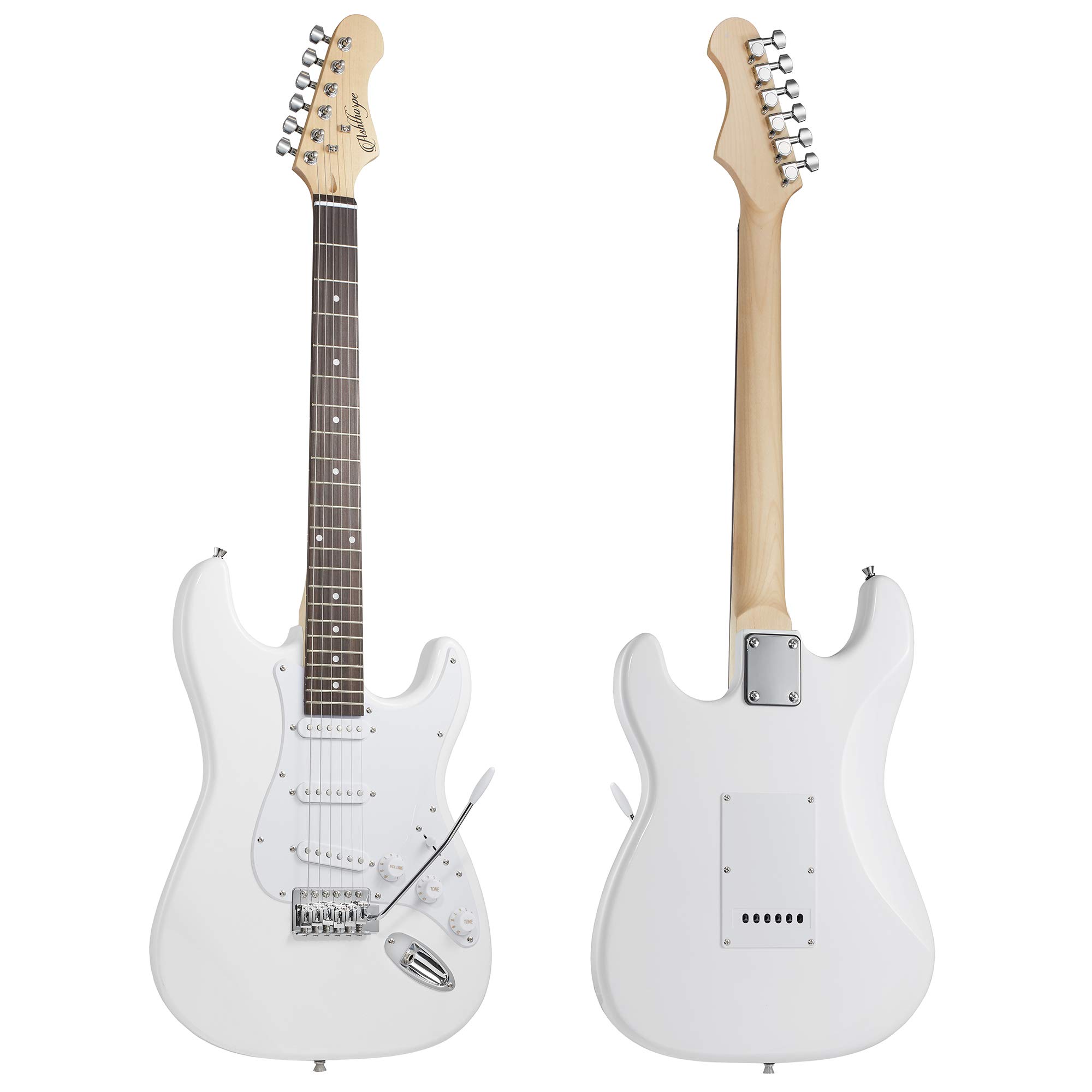 Ashthorpe 39-Inch Full Size Electric Guitar Kit - White Finish with Padded Gig Bag, Tremolo Bar, Strap, Strings, Cable, Cleaning Cloth & Picks - Perfect for Beginners, Practice & Live Performances