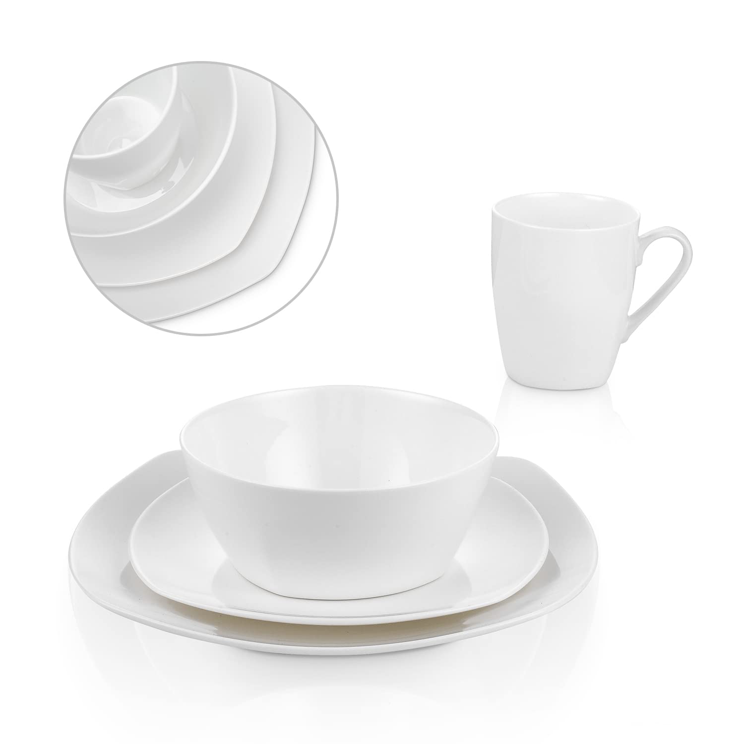 Premium 16-Piece Bone China Dinnerware Set - Elegant White Soft Square Plates & Bowls for Formal Dining, Wedding Gifts & Luxury Table Settings