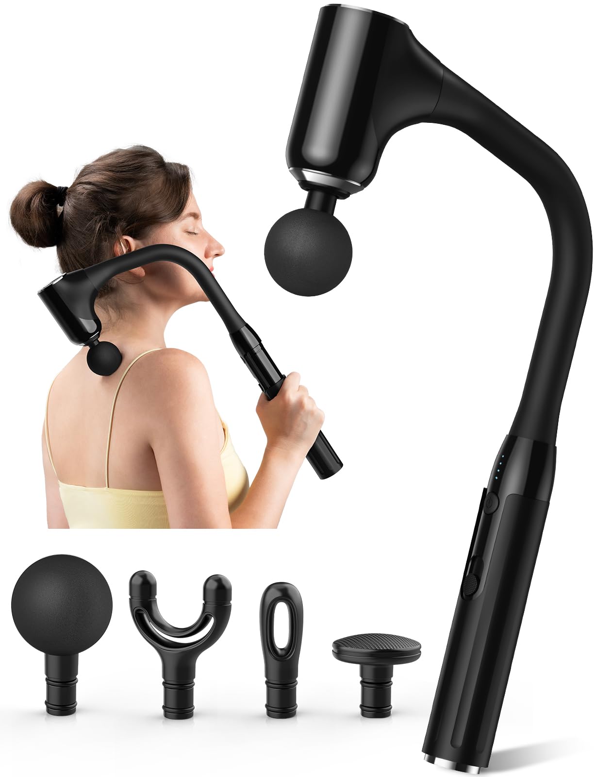 Deep Tissue Massage Gun for Pain Relief - Percussion Massager with 12MM Amplitude, Extended Handle & 4 Replaceable Heads - Adjustable Speed for Neck, Back, Foot, Leg & Shoulder - Perfect for Athletes, Office Workers & Post-Workout Recovery