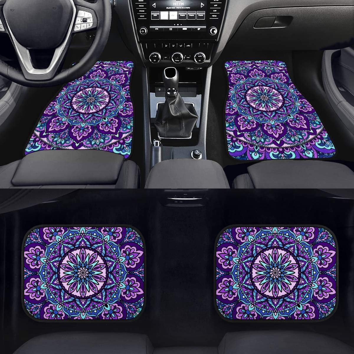 Bohemian Lotus Car Seat Covers Full Set - Steering Wheel Cover, Armrest Cover, Seat Belt Covers & Floor Mats | Floral Auto Interior Accessories for Women | Perfect for Road Trips & Daily Commute