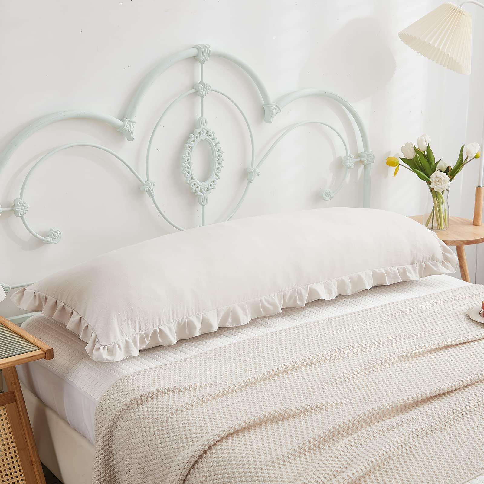 Beige Grey Ruffled Body Pillow Cover 20x54 Inches - Shabby Chic Decorative Pillowcase with Fringe Trim for Bedroom Decor | Perfect for Home, Dorm & Nursery