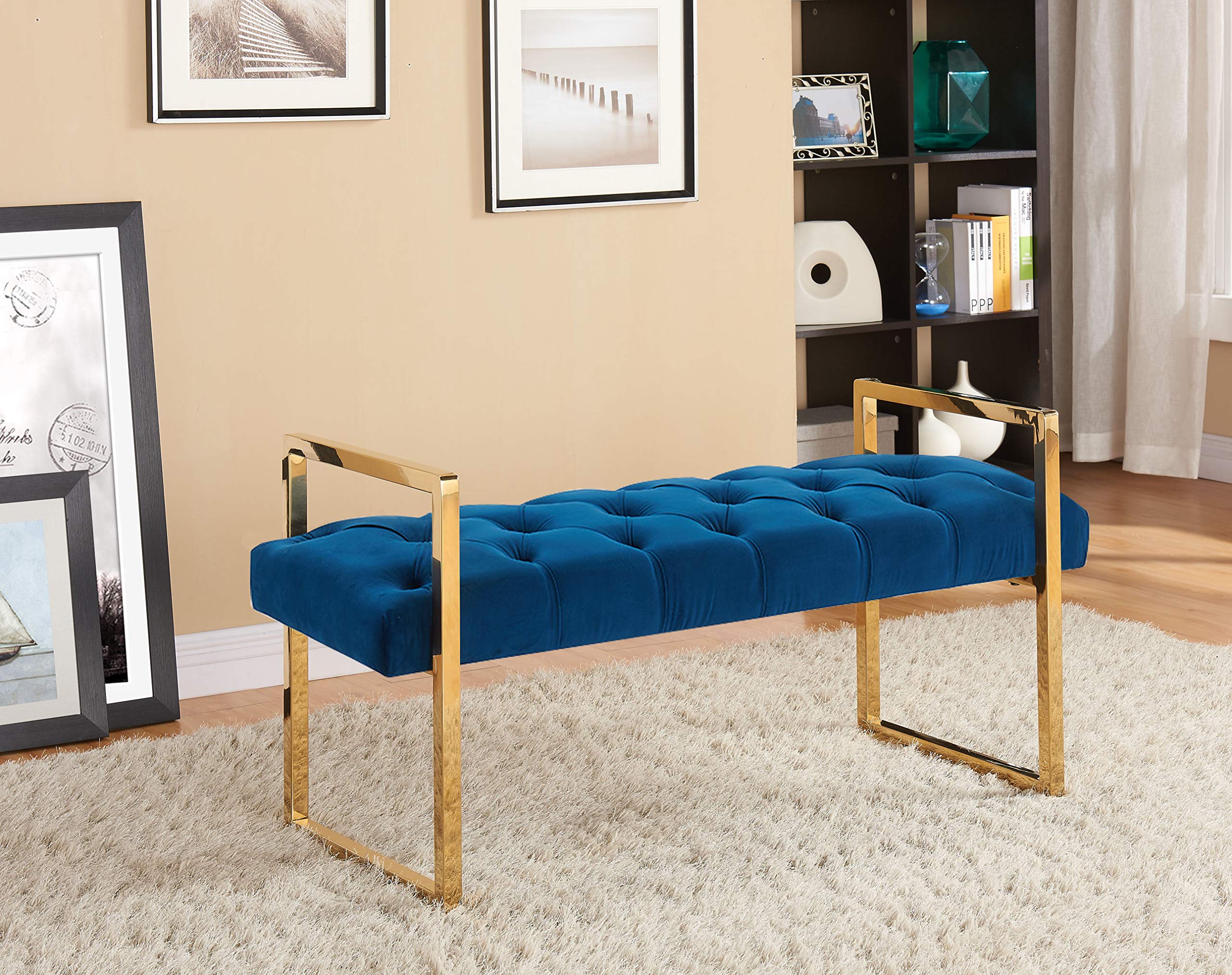 Hi-Line Gift 96139-NB Navy Blue & Gold Button-Tufted Velvet Bench - Elegant Upholstered Seat for Living Room, Bedroom, or Entryway - Blue and Gold Velvet Furniture for Home Decor