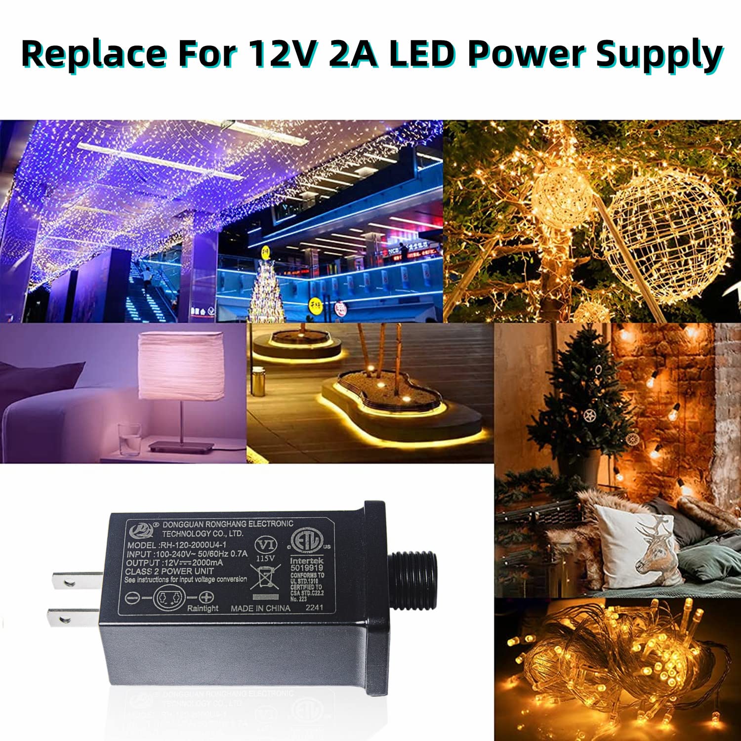 12V 2A LED Power Supply Adapter - Replacement Transformer for Christmas String Lights, Yard Inflatable Decorations, Fountain Lights & Outdoor LED Devices - Perfect for Holiday Decorations, Garden Lighting & Inflatable Displays (R12V2A)