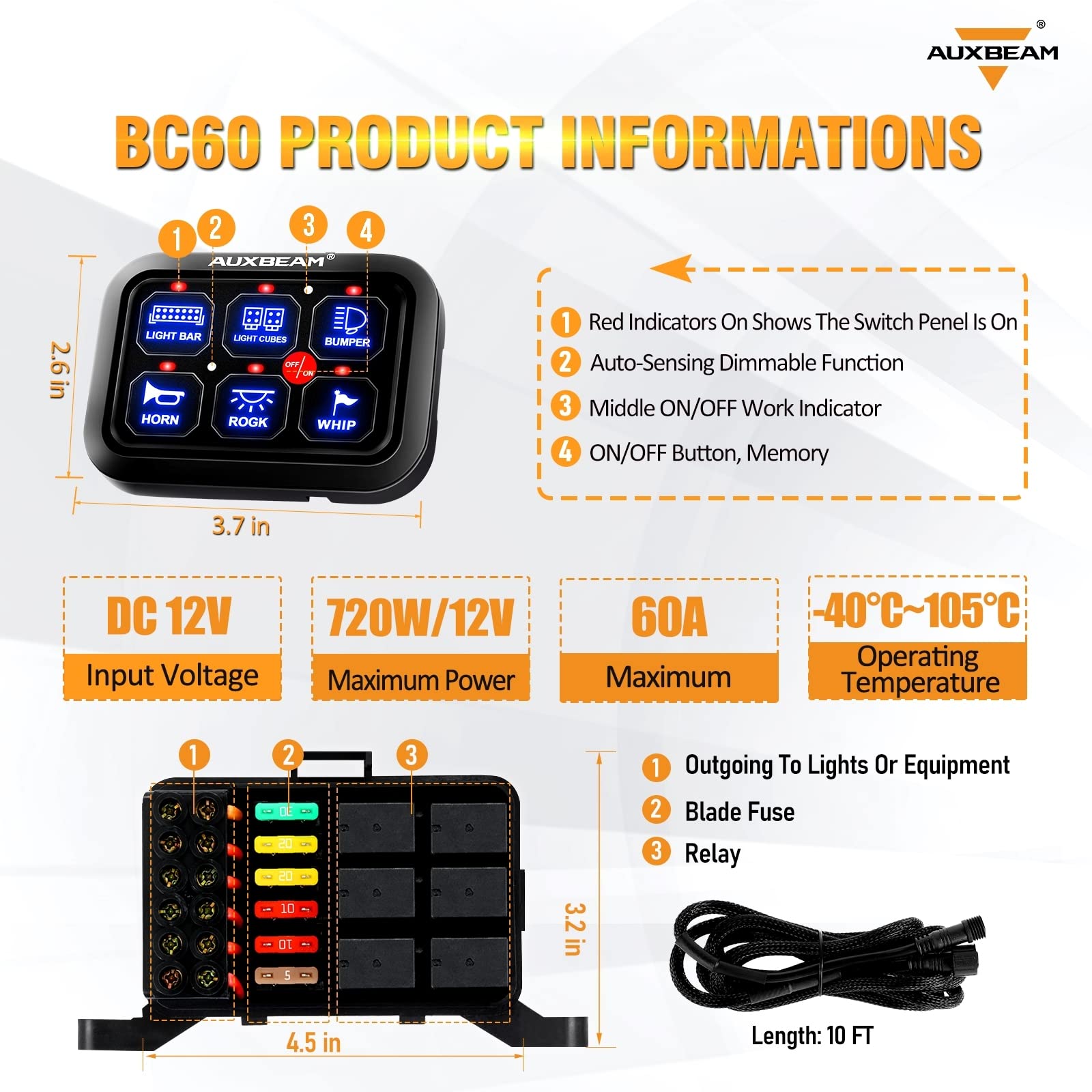Auxbeam 6 Gang Switch Panel (Blue) + 5in 68W Offroad LED Light Bar - 6800LM White Spot Flood Combo Beam for Jeep, Truck, ATV & UTV Off-Road Driving Lights | Perfect for Night Trail Riding, Camping & Outdoor Adventures