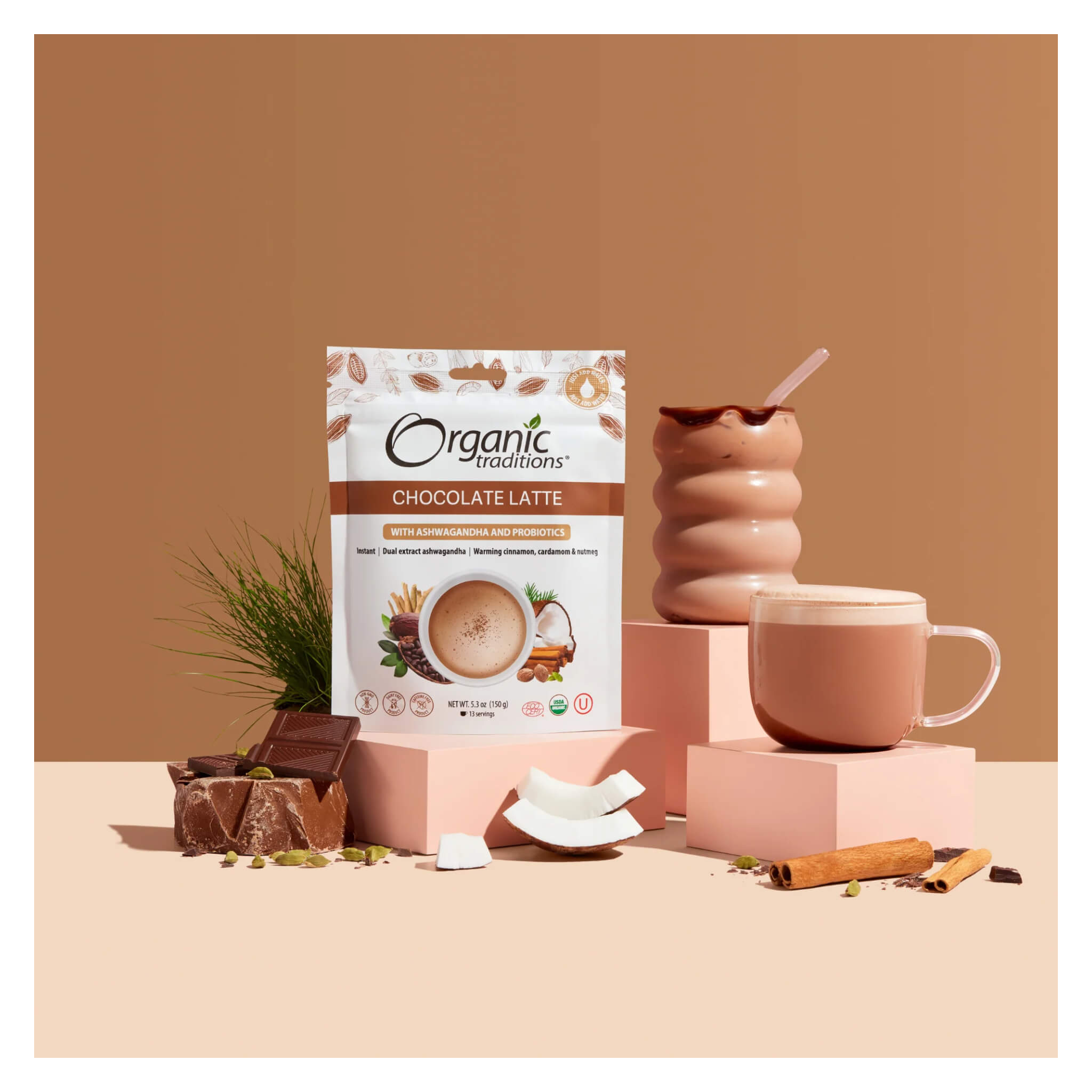 Organic Chocolate Latte with Ashwagandha & Probiotics - Stress Relief & Gut Health Drink - Perfect for Morning Boost or Afternoon Pick-Me-Up