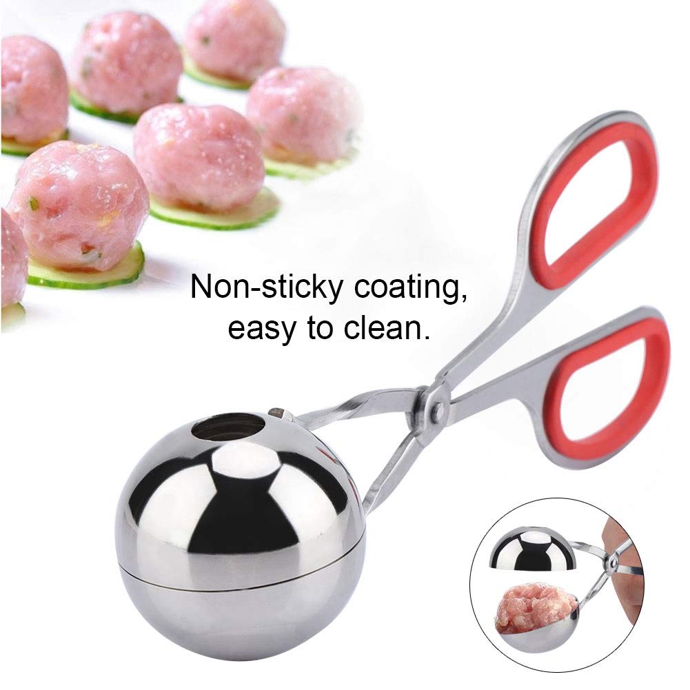 Non-Stick Stainless Steel Meatball Scoop & Ice Tongs - Rice Ball Maker, Cookie Scoop with Anti-Slip Rubber Handle (Red) - Perfect for Cooking, Baking, and Serving Meatballs, Ice Cubes, Cookies