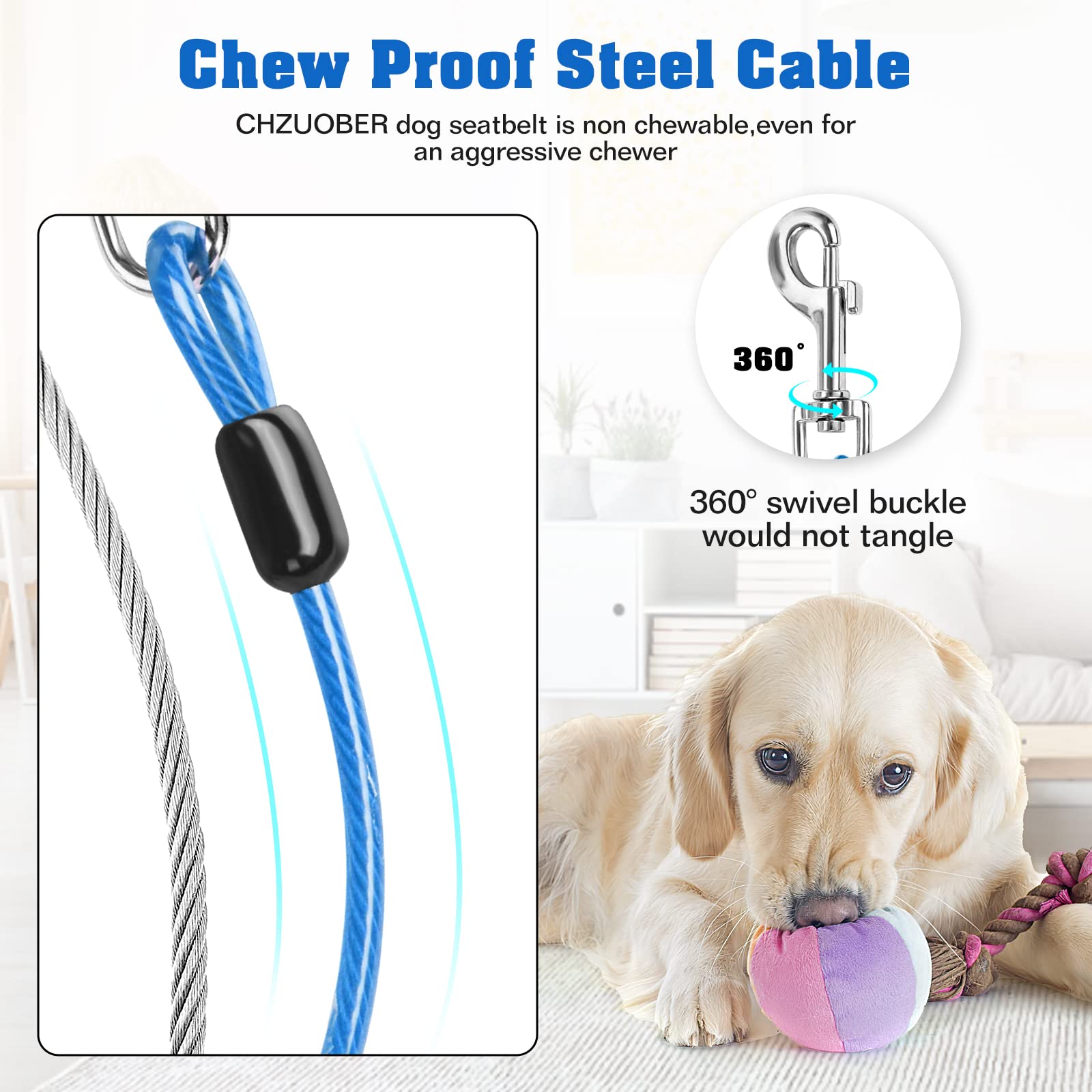 Chew Proof Dog Car Seat Belt - Heavy Duty 2-in-1 Steel Cable Dog Seat Belt for Medium & Large Dogs, Swivel Attachment Headrest Restraint - Perfect for Road Trips & Safe Car Travel with Chewing Dogs