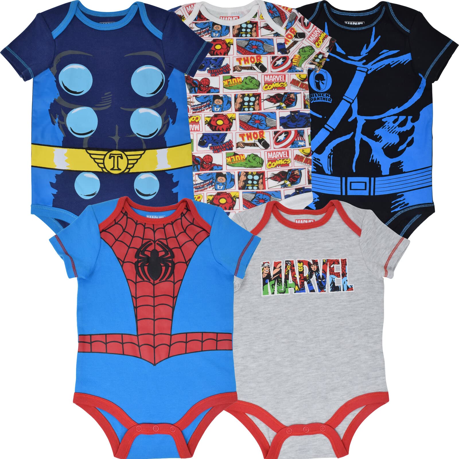 Marvel Avengers Baby Bodysuits 5-Pack - Spider-Man, Iron Man, Hulk & Captain America (Newborn to 12M) | Superhero Costume for Infants | Perfect for Halloween, Birthday Parties & Photo Shoots