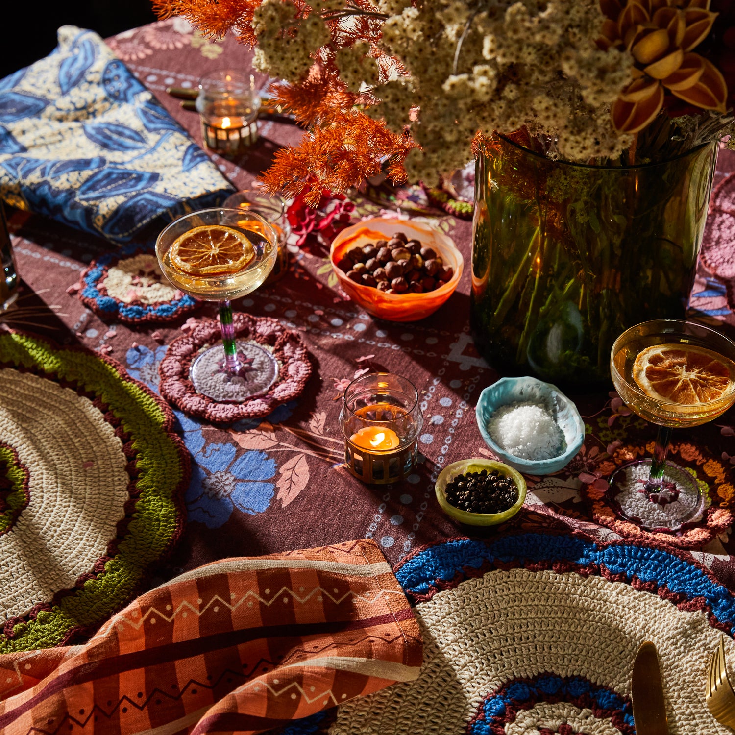 Handmade Hema Crochet Coaster Set - 6-Piece Boho Home Decor, Absorbent Cotton Drink Coasters for Coffee Table, Dining Table, and Party Decorations