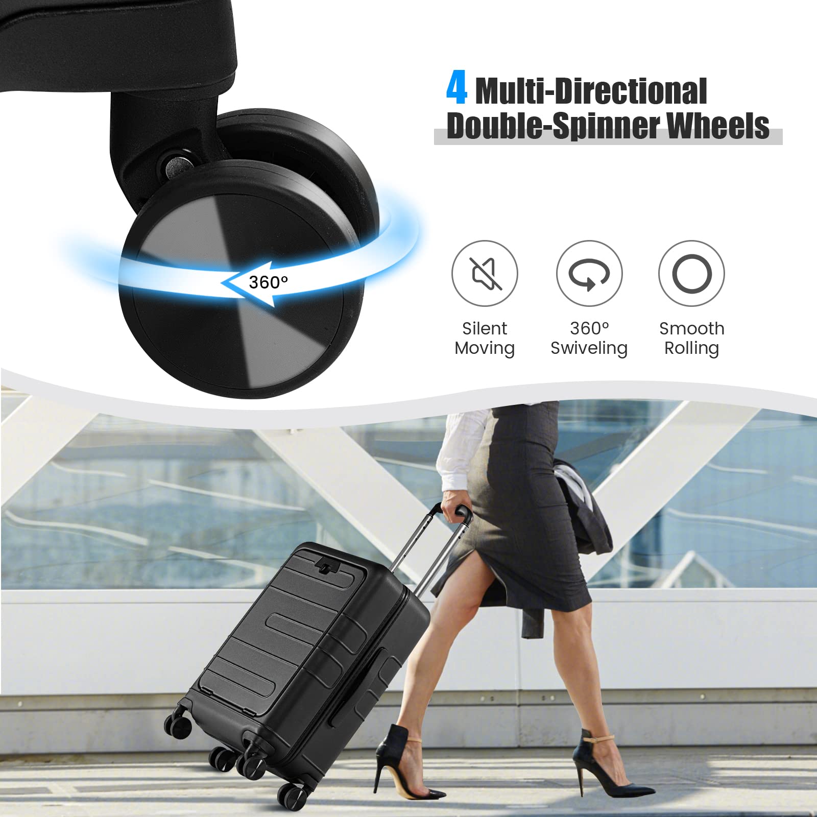 Goplus 20 Inch Hardside Carry On Luggage with USB Charging Port & TSA Lock - Lightweight PC Suitcase with Spinner Wheels, Front Pocket & Foldable Tabletop for Business Travel, Airplane Cabin & Weekend Getaways