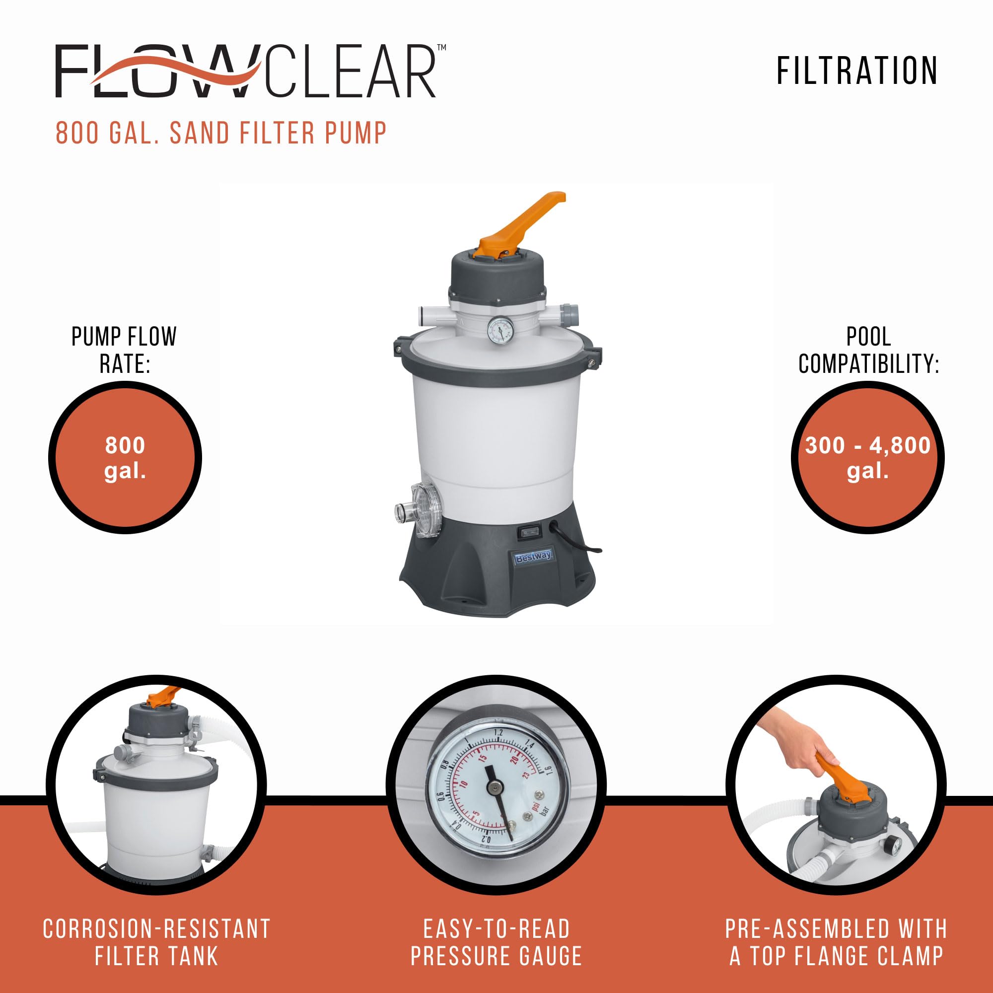 Premium Swimming Pool Filter Sand - US Silica Mystic White II & Bestway Flowclear 800G Sand Filter Pump for Above Ground Pools | Crystal Clear Water for Backyard, Inflatable & Family Pools
