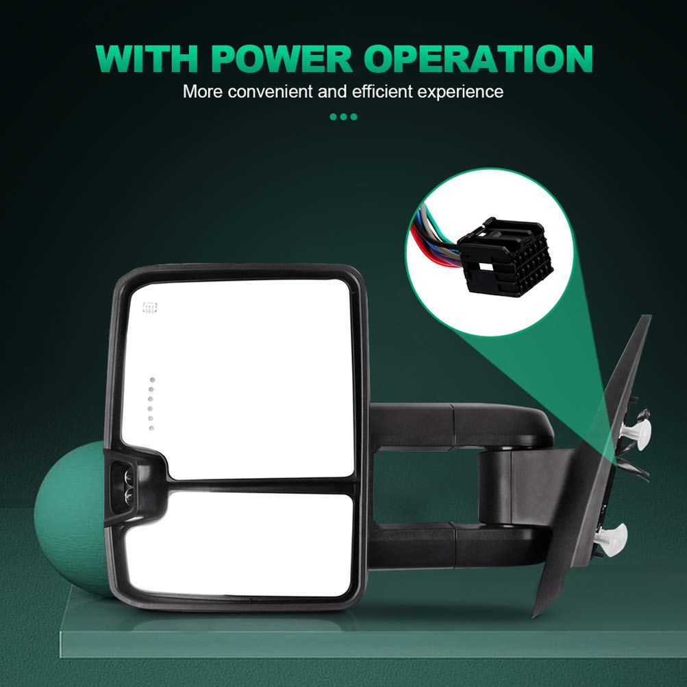 AUTOMUTO Power Heated Towing Mirrors with Turn Signal & Puddle Light - Compatible with 2007-2013 Chevy Tahoe/Suburban/Avalanche (Driver & Passenger Side) - Perfect for Towing, Camping & Off-Road Adventures