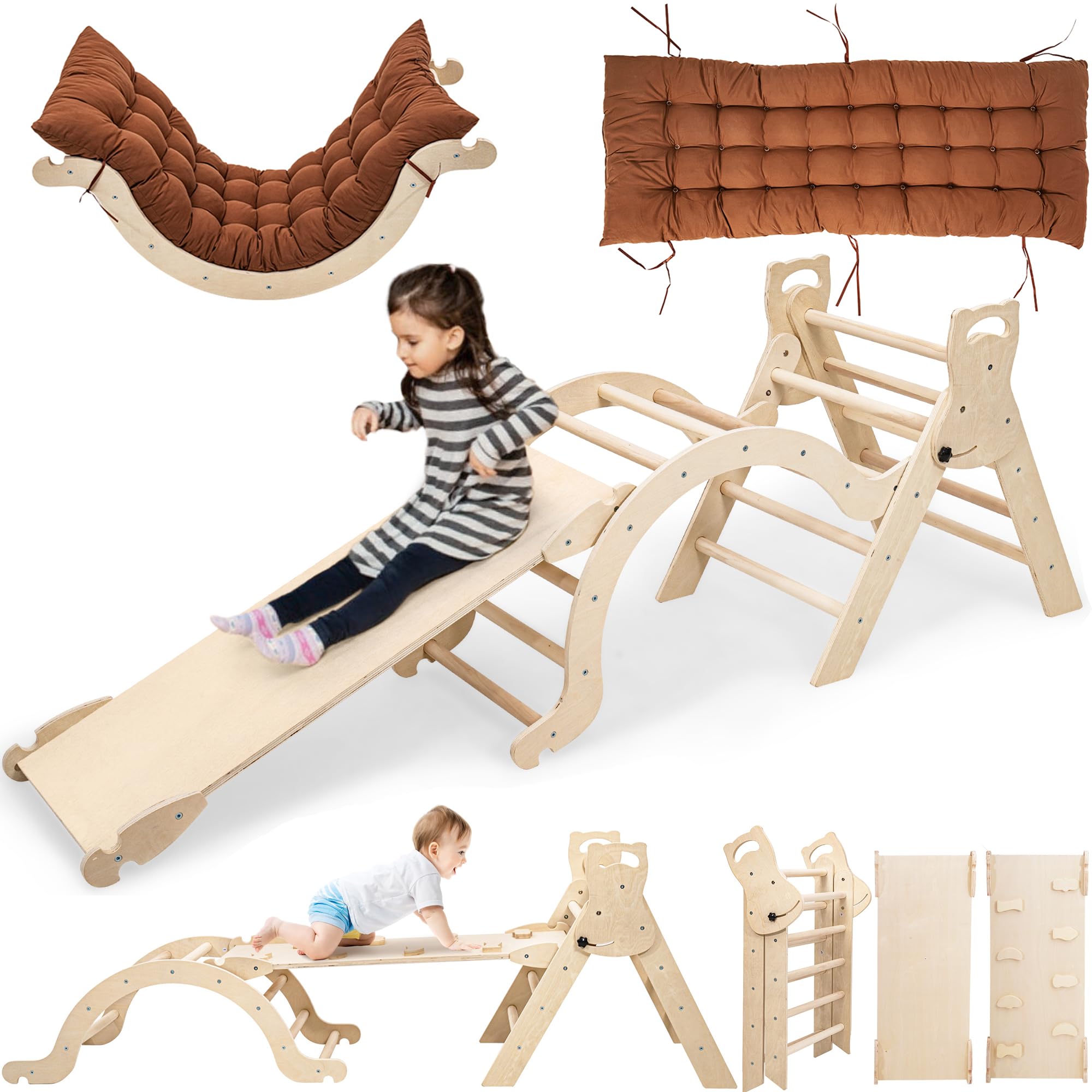 Pikler Triangle Set with Cushion - Natural Wood Toddler Climber & Montessori Climbing Toys for Kids 1-5 Years | Indoor Play Gym for Toddlers, Safe Developmental Activity for Home, Daycare or Preschool