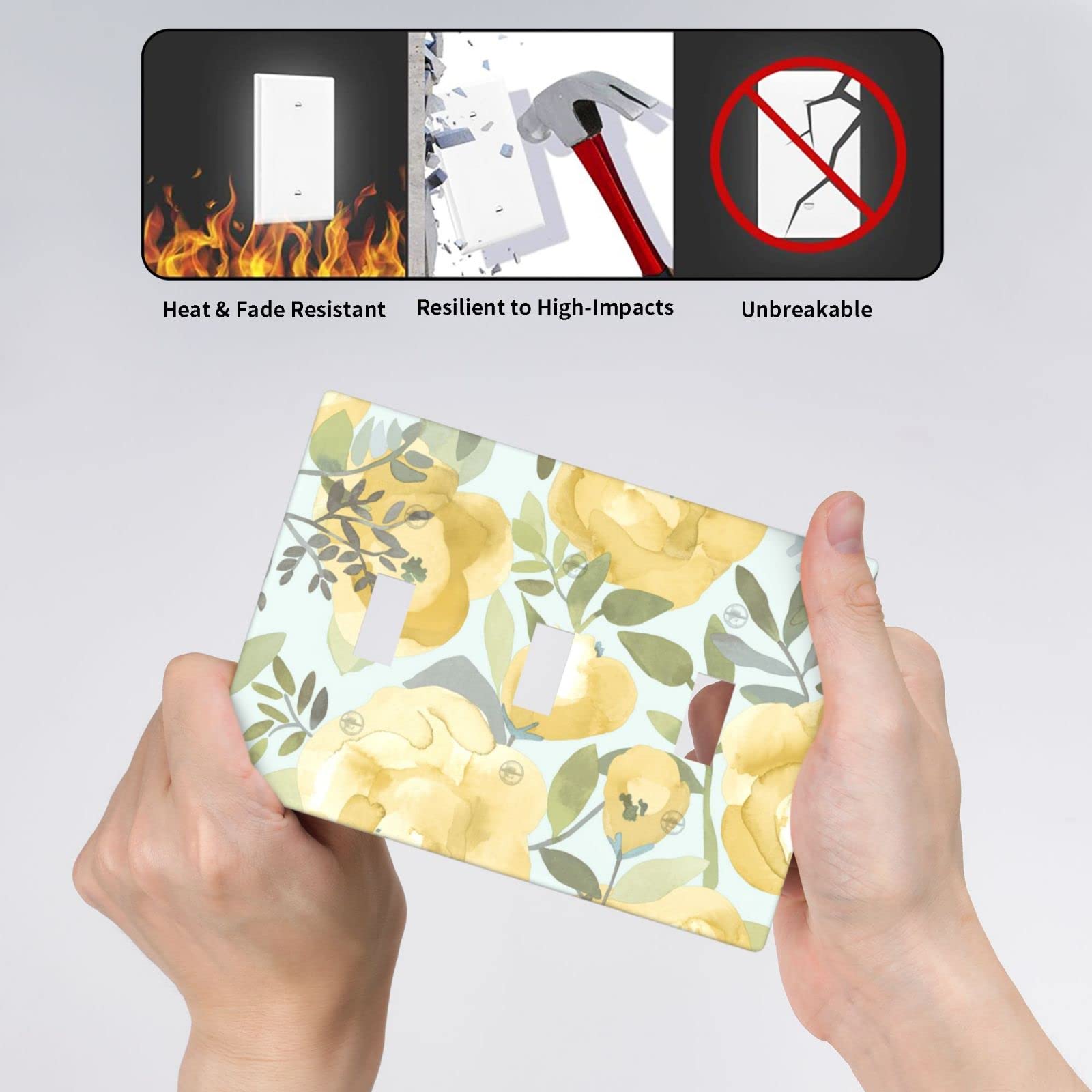 Yellow Floral Light Switch Cover - Triple Toggle Wall Plate, Decorative 3-Gang Switch Plate (4.5 x 6.38 Inch) for Kitchen, Bathroom & Bedroom - Brighten Your Home Decor