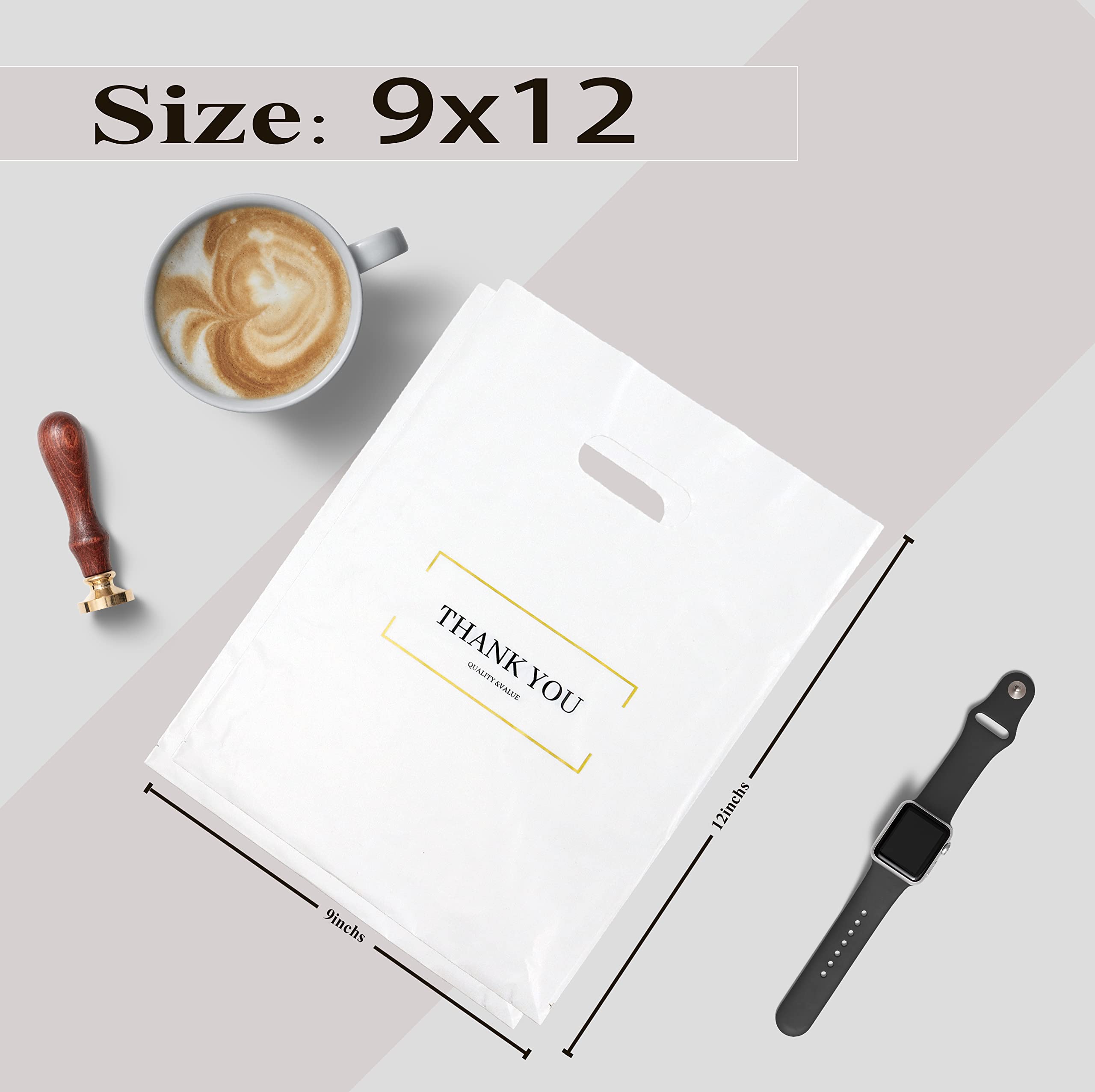 BISC Small Thank You Bags - 9x12 Inch Plastic Gift Bags (65 Pack) - Die Cut Retail Shopping Bags for Boutiques, Stores & Parties - Premium White Plastic Bags for Gifts, Favors & Retail Packaging