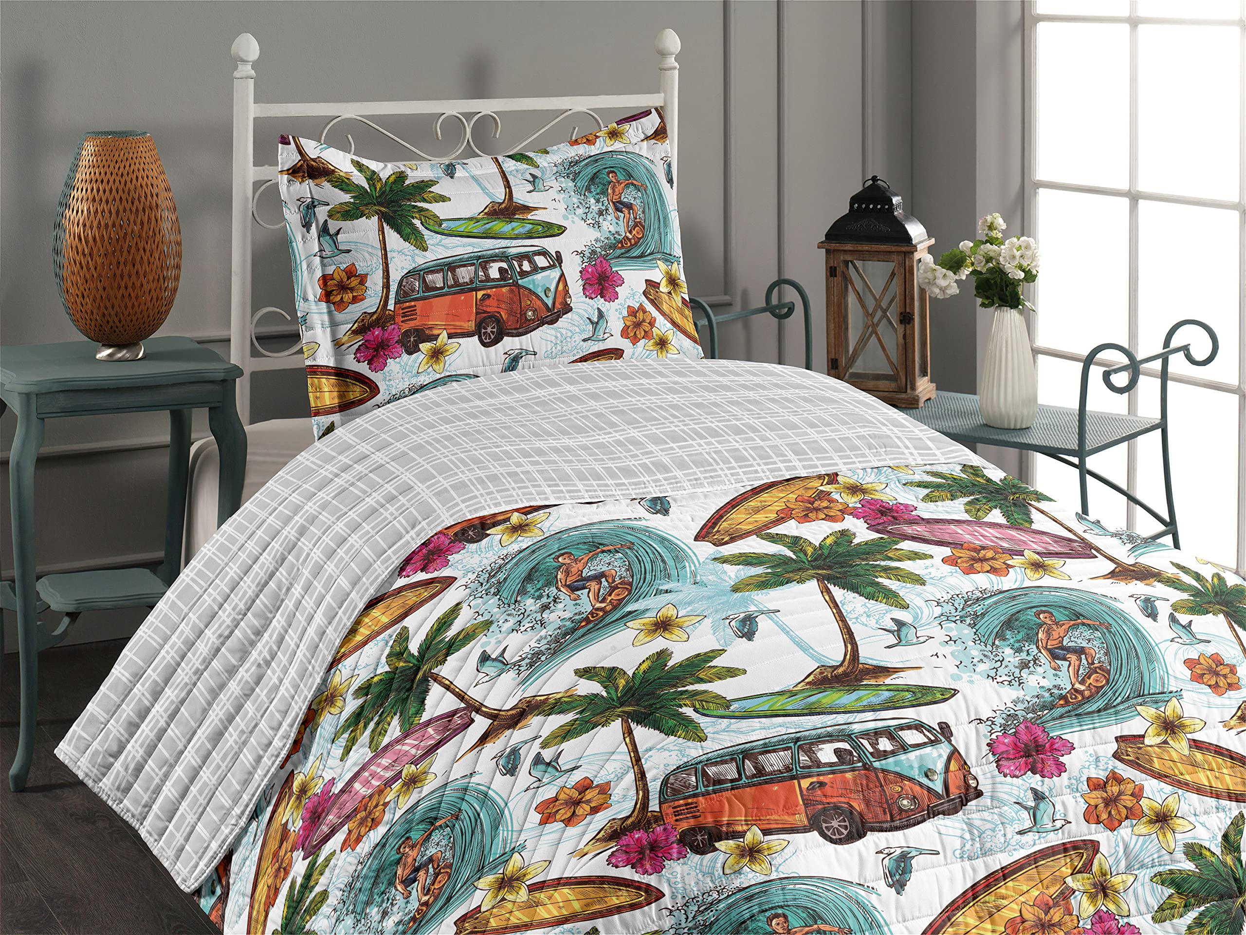Ambesonne Ocean Reversible Bedspread Set - Hawaiian Surfer Design with Wavy Deep Sea, Retro Palm Trees, Flowers & Surf Boards - Microfiber Comforter & Pillow Shams - Twin Size in Blue Green Orange - Perfect for Beach Themed Bedrooms, Guest Rooms & Coastal Decor