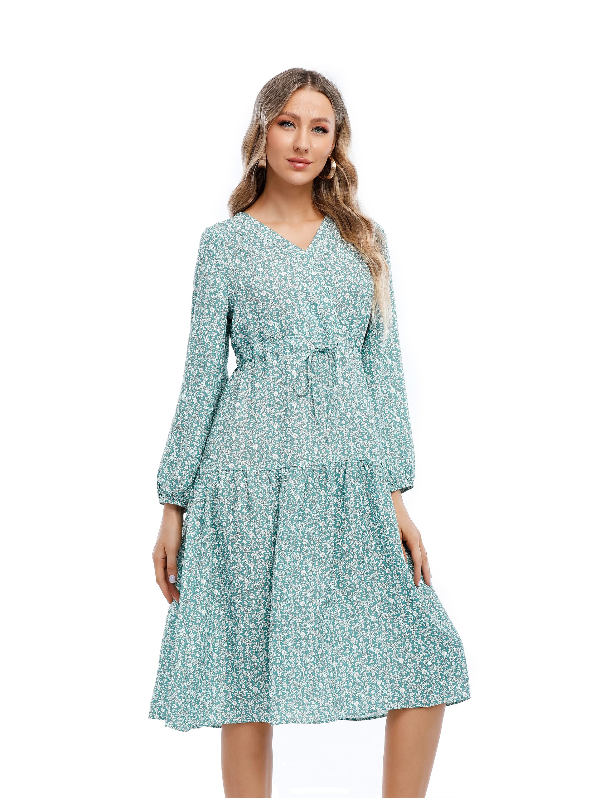 Joyours Women's Plus Size Floral Boho Midi Dress - V Neck Loose A-Line Long Sleeve Casual Summer Dress for Beach, Vacation & Outdoor Activities
