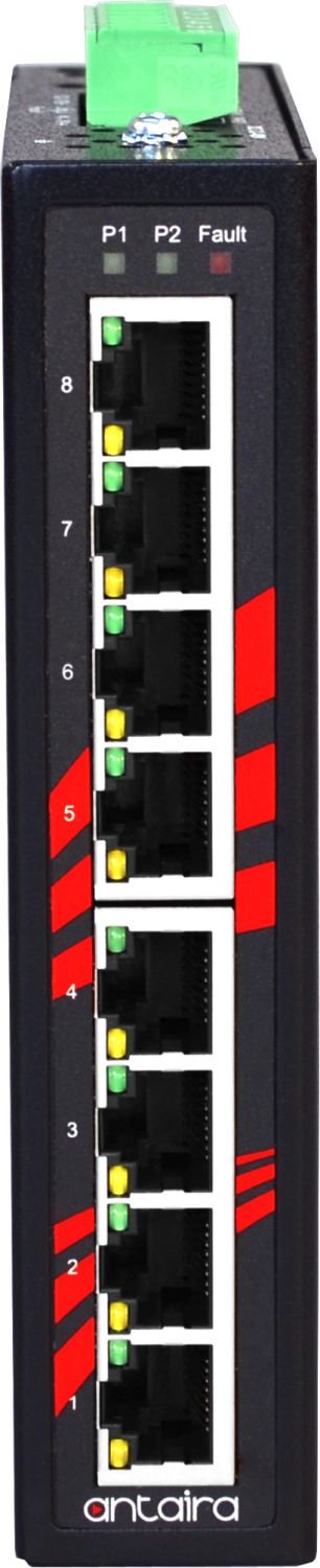 **Antaira LNX-800A-T 8-Port Industrial Ethernet Switch | DIN Rail Mount | -40°C to 75°C | 12-48VDC Redundant Power | Fast Unmanaged Network Switch for Harsh Environments**    **Usage Scenarios:** Ideal for factory automation, transportation systems, and outdoor networking in extreme temperatures.