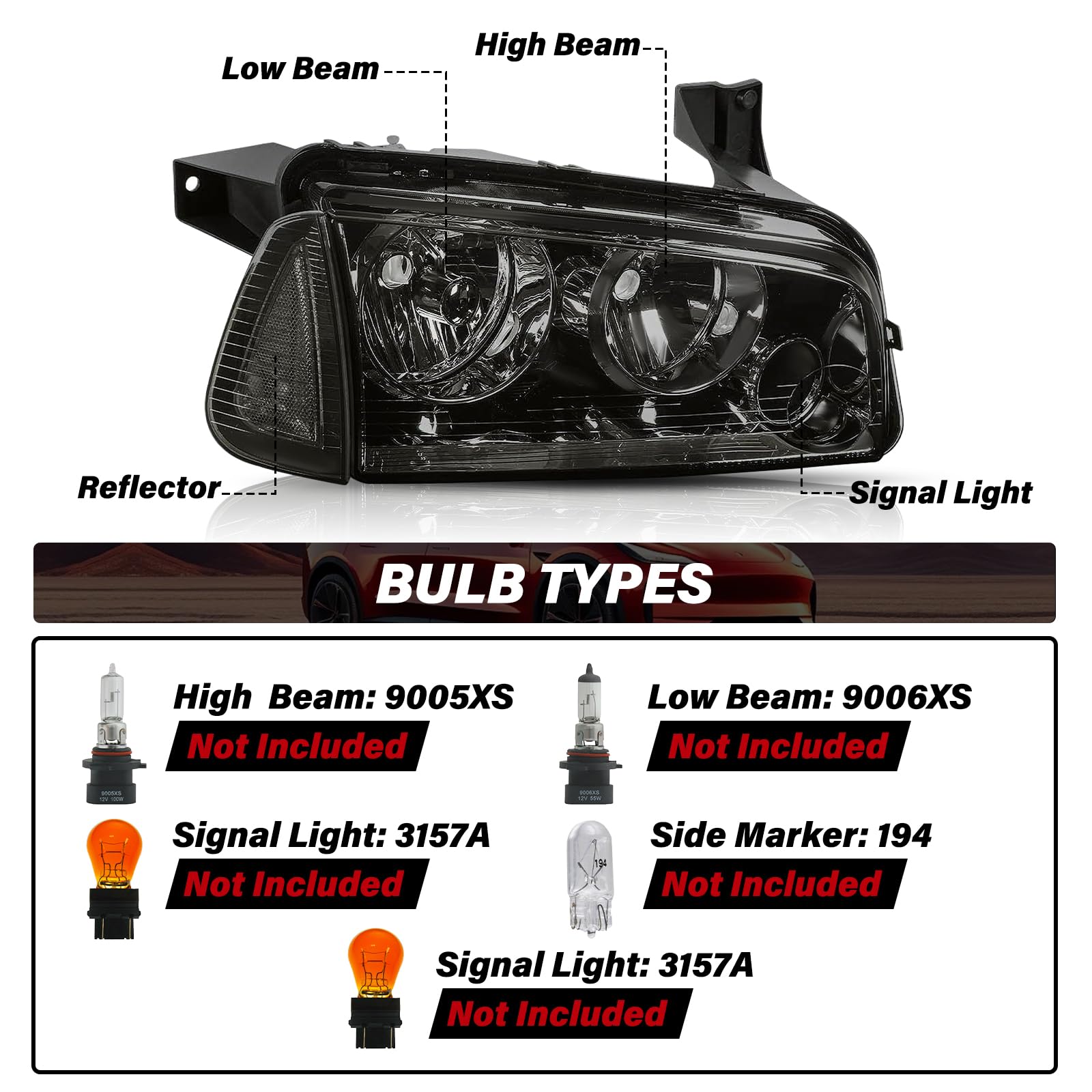 BRYGHT Smoked Black Headlight Assembly with Corner Light - Compatible with 2006-2010 Dodge Charger (Passenger & Driver Side) | Enhanced Night Visibility & Style Upgrade for Street Driving