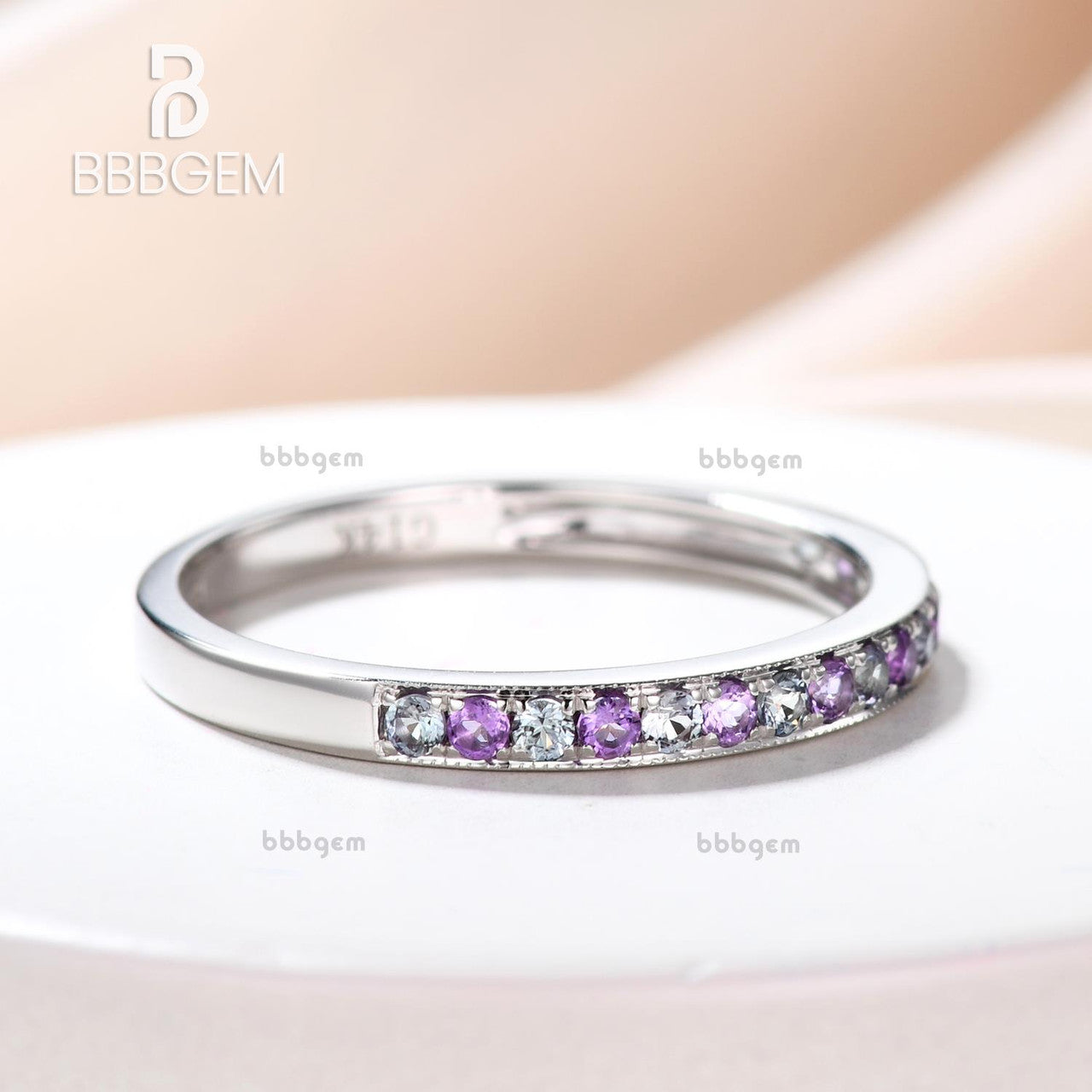 Milgrain Channel Set Half Eternity Band - Aquamarine & Amethyst Birthstone Ring for Women | Wedding, Anniversary, Birthday Gift Jewelry
