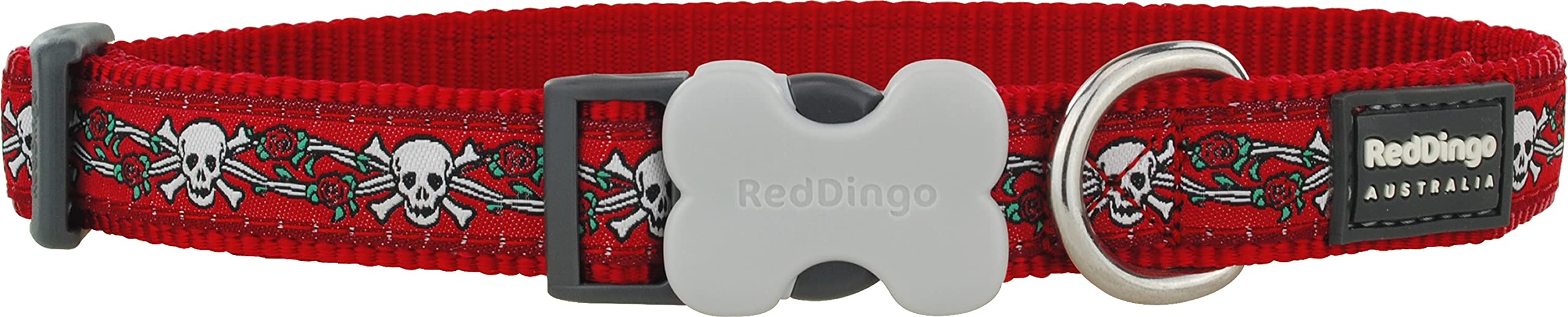 Red Dingo Skull & Roses Dog Collar - 15mm Wide Adjustable Pet Collar with Metal D-Ring for Leash - Stylish & Durable for Small to Medium Dogs - Perfect for Walking, Training & Halloween Costumes