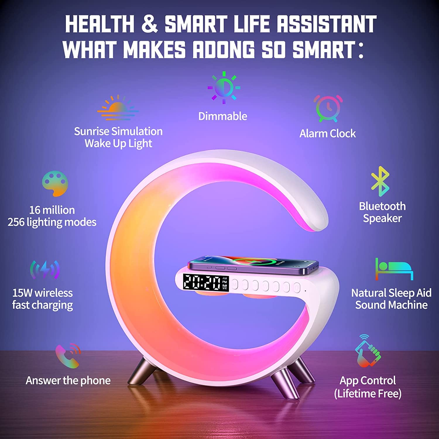 Smart Sunrise Alarm Clock with Sound Machine & Wireless Charger - Dimmable Wake Up Light for Heavy Sleepers, Bedroom, Dorm, Office - White | Perfect for Relaxation, Sleep Aid & Gentle Morning Wake-Ups