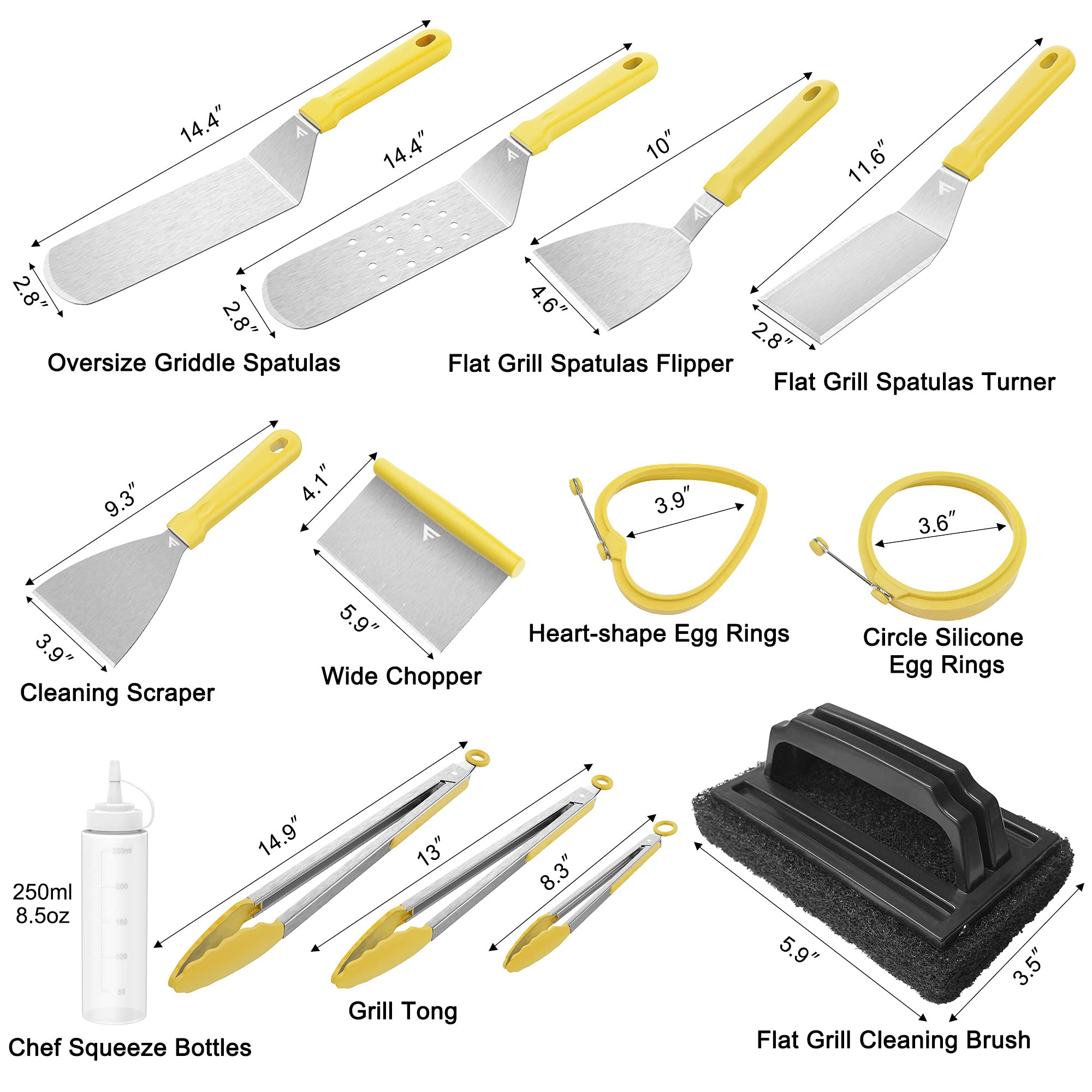 FiveJoy 17-Piece Griddle Accessories Kit for Blackstone & Camp Chef Flat Top Grills - Stainless Steel Spatulas, Scraper, Egg Rings & Cleaning Tools - Perfect for BBQ, Camping, Tailgating & Outdoor Cooking - Great Gift for Men, Women & Dad
